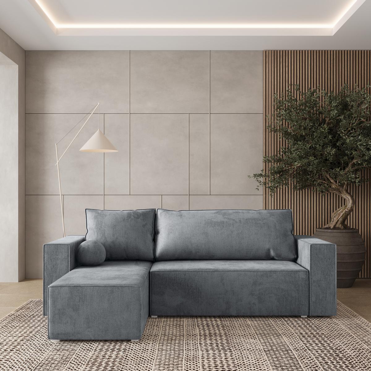 ECKSOFA RAVELO M Hellgrau Velours-Stoff mit Schlaffunktion - Hellgrau/Grau, Holz/Kunststoff (240/140cm) - MASSENO