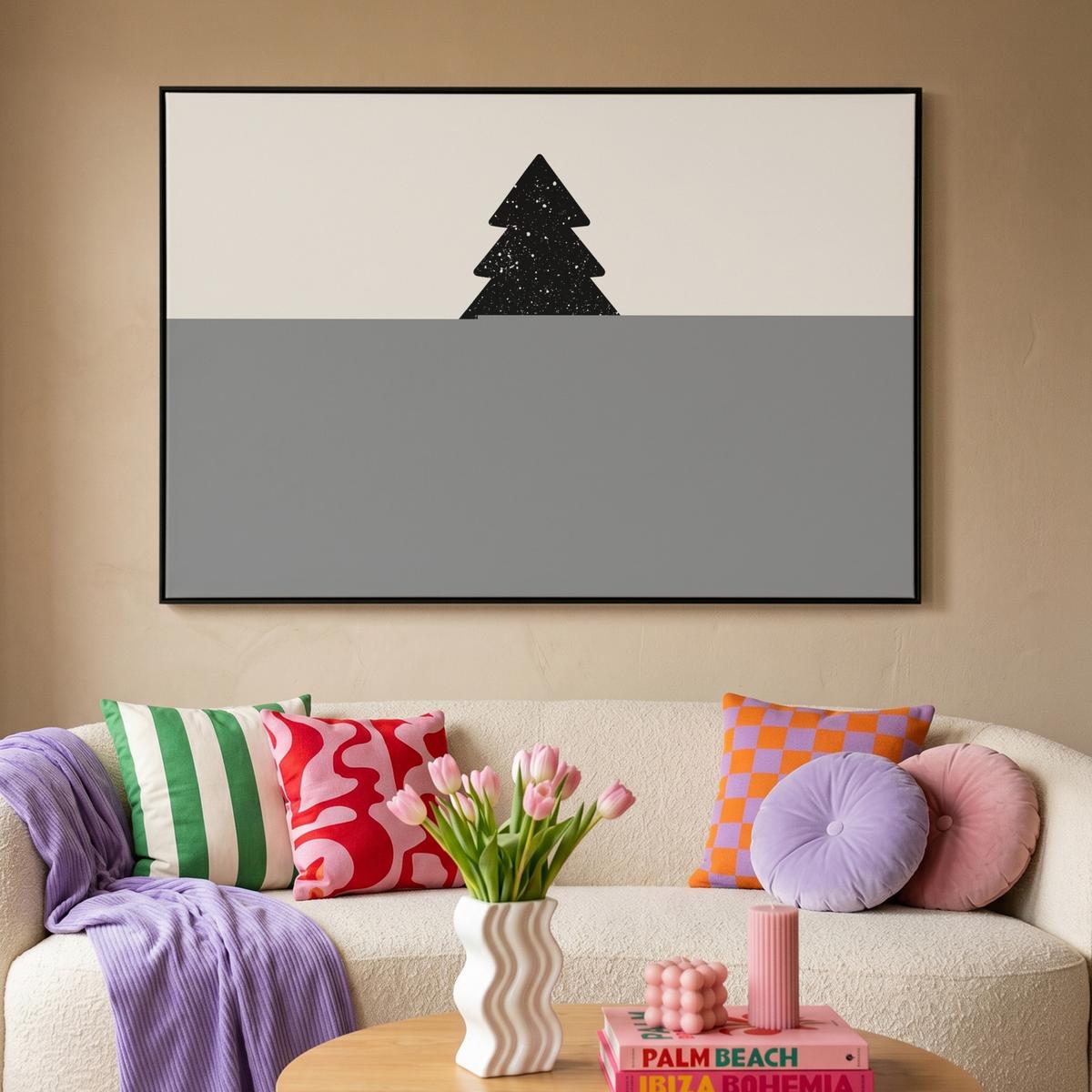 LEINWAND Bilder mit Rahmen - Weihnachtsbaum - Schwarz - Urlaub - Beige - 150x100 - Schwarz, Textil (150/100cm) - MuchoWow