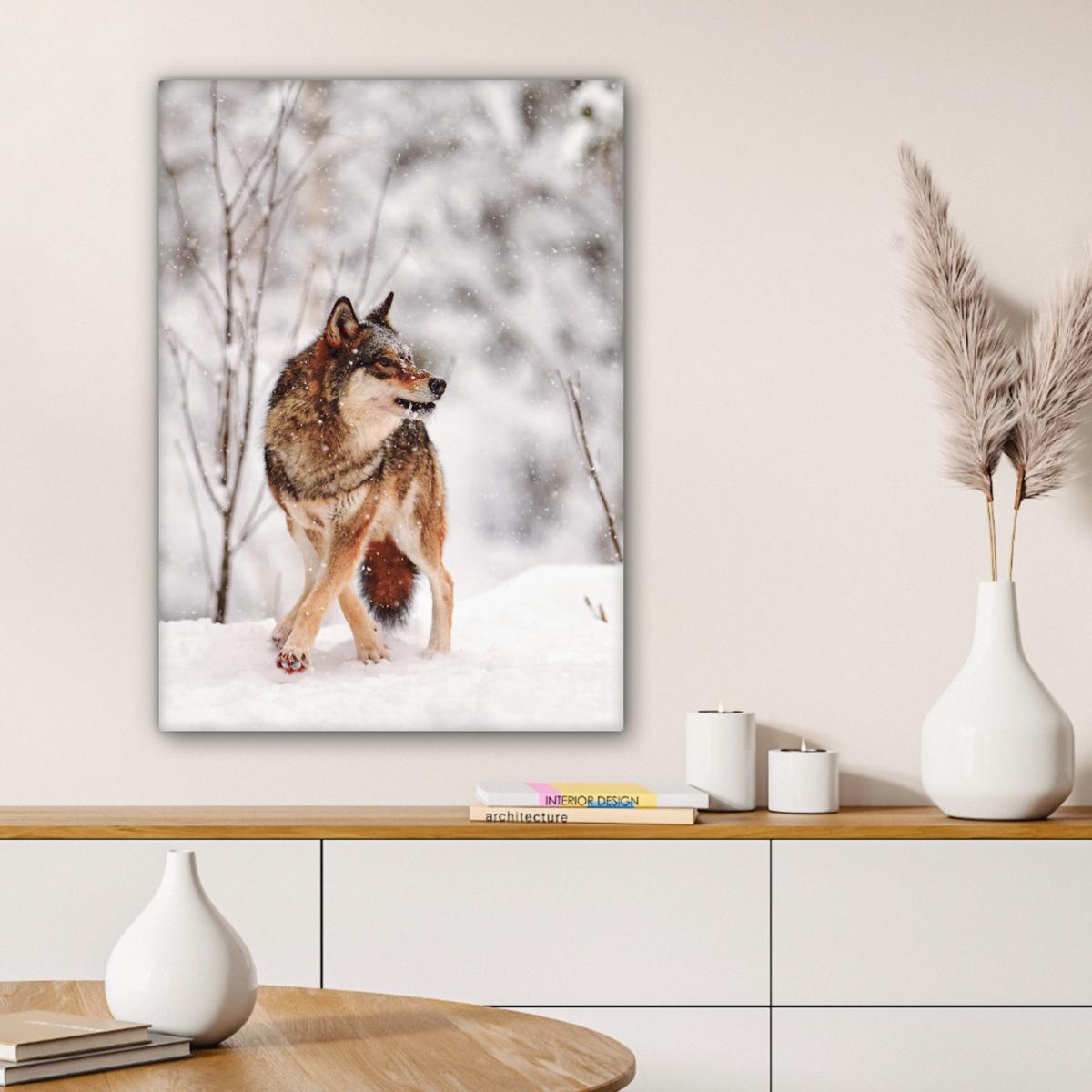 LEINWANDBILD Wolf - Winter - Schnee - Natur - Tiere Wandbild Wohnzimmer 60x80 cm - Haselnussfarben, Textil (60/80cm) - MuchoWow