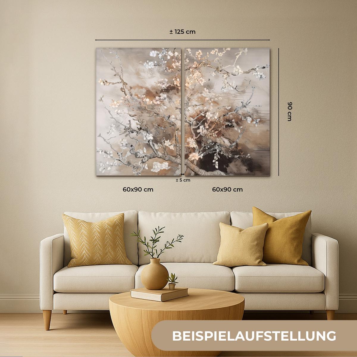 LEINWANDBILD 2er Set Mandelblüte - Abstrakt - Beige 120x90 cm - Beige, Textil (120/90cm) - MuchoWow