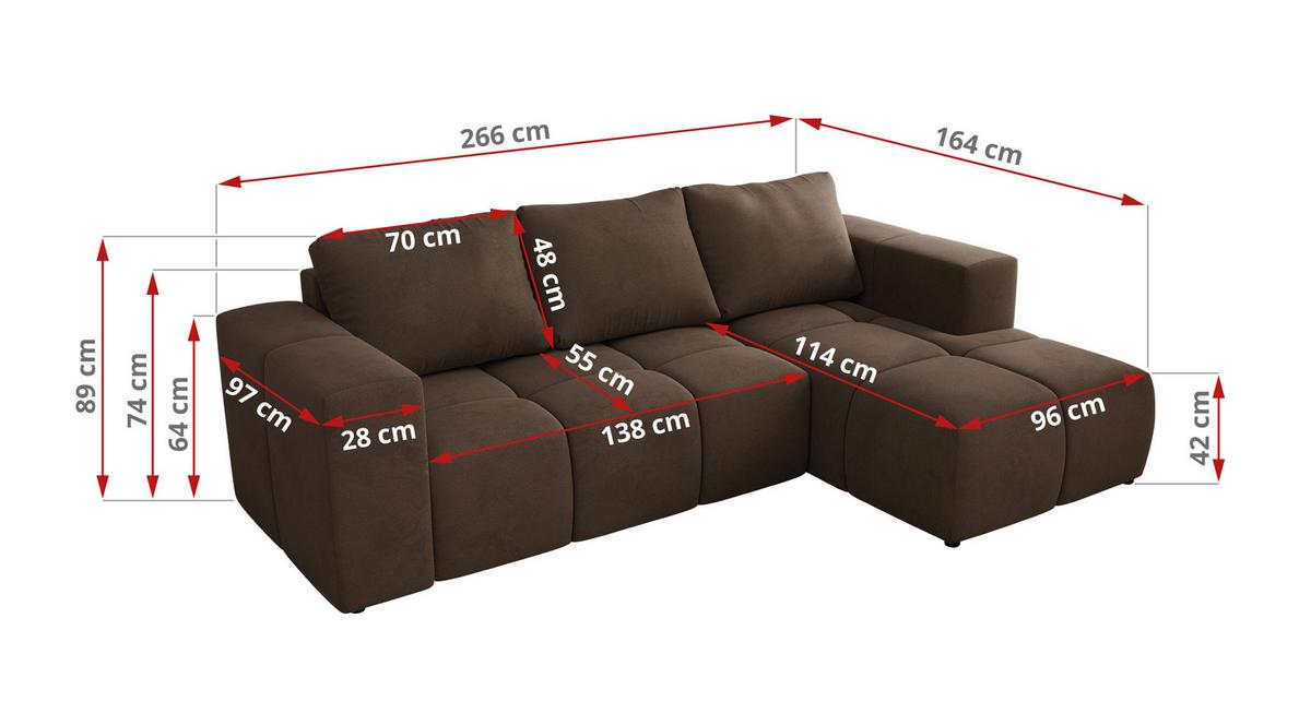 ECKSOFA MONIVA Braun Velvet - Links - Schwarz/Braun, Kunststoff/Textil (164/266cm) - MKS
