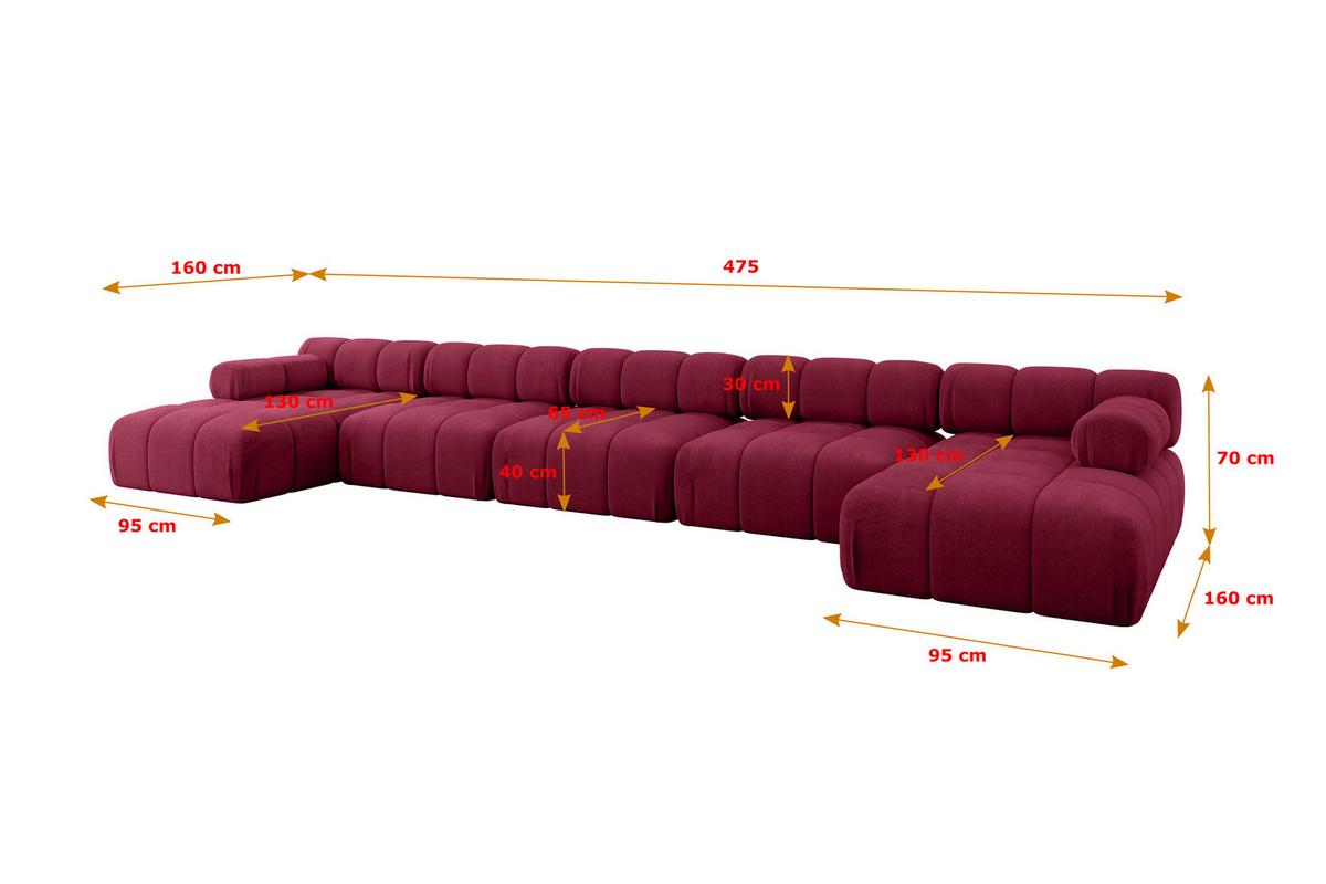WOHNLANDSCHAFT modulares Sofa Tesso-U3 - 475x160x70 cm Bordeauxrot Velours - Bordeaux, Holzwerkstoff/Textil (475/70/160cm) - ALTDECOR