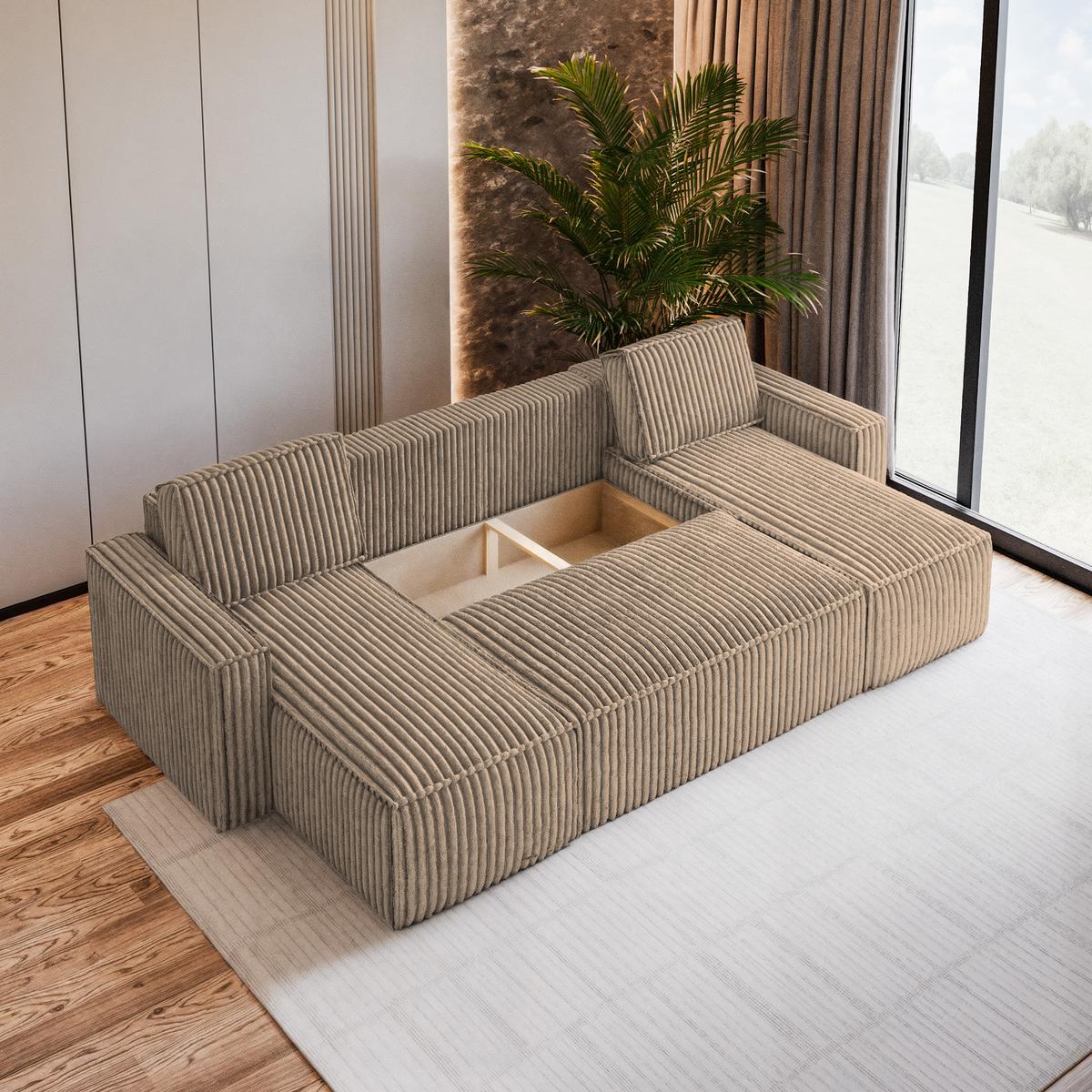WOHNLANDSCHAFT PESANO T Beige Kordstoff mit Schlaffunktion - Beige/Grau, Holz/Kunststoff (306/85/140cm) - MASSENO