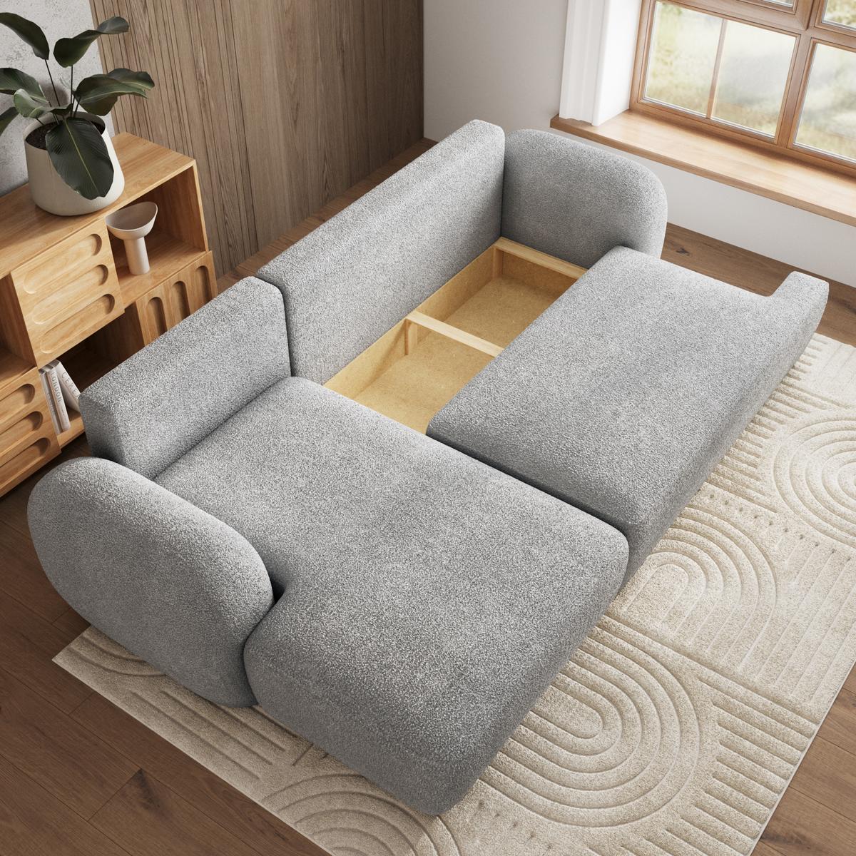 ECKSOFA MODENZA N L-S Hellgrau Boucle-Stoff mit Schlaffunktion - Hellgrau/Schwarz, Holz/Kunststoff (266/148cm) - MASSENO