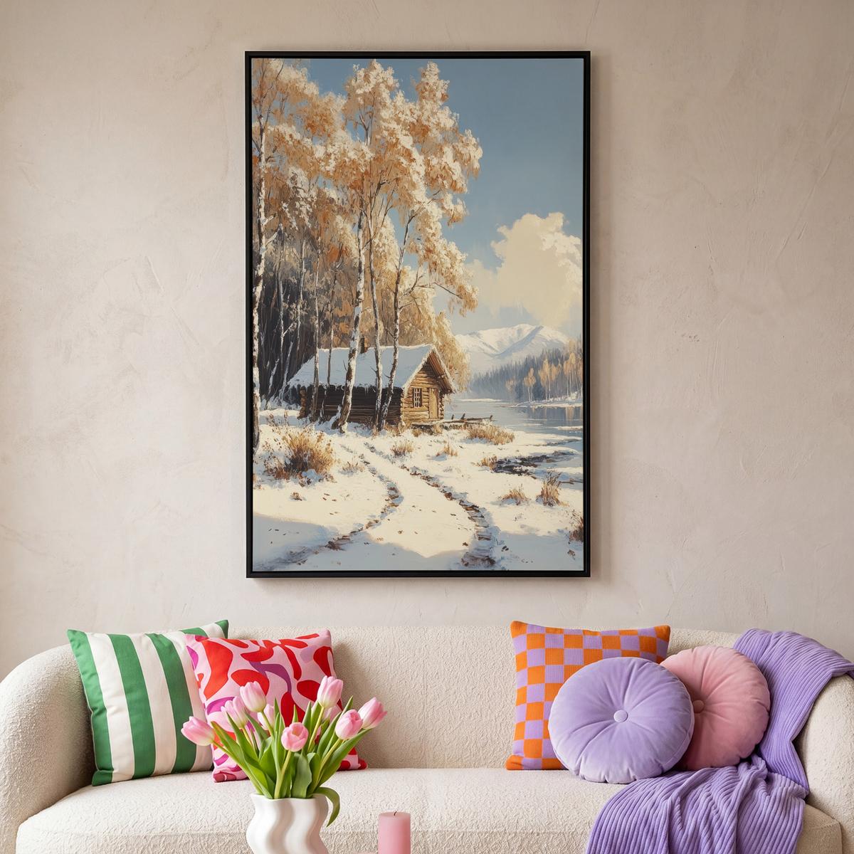 LEINWAND Bilder mit Rahmen - Winter - Schnee - Zuhause - Natur - 90x140 - Hellbraun, Textil (90/140cm) - MuchoWow