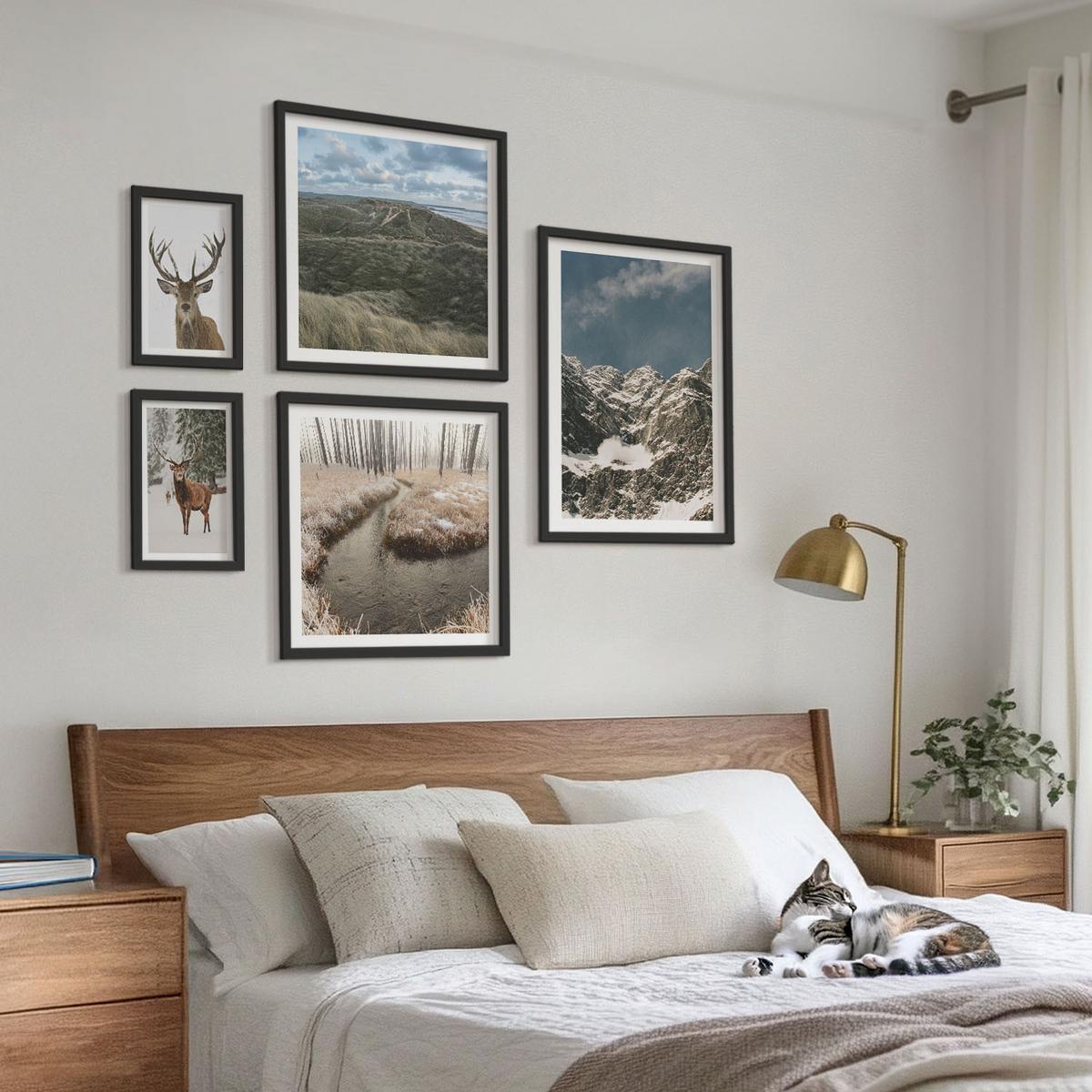 BILDER SET 5er Set - 50x50 cm & 20x30 cm & 40x60 cm Schwarzer Rahmen - Berge, Schnee, Hirsche, Waldlandschaft - Schwarz, Kunststoff (40/60cm) - TULUP