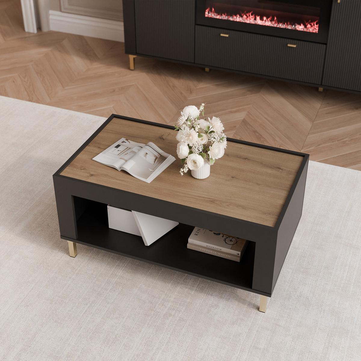 COUCHTISCH AVENA 97/56/47 cm Rechteckig, Schwarz/Eiche - Schwarz, Holzwerkstoff/Kunststoff (56/97/47cm) - Idohome