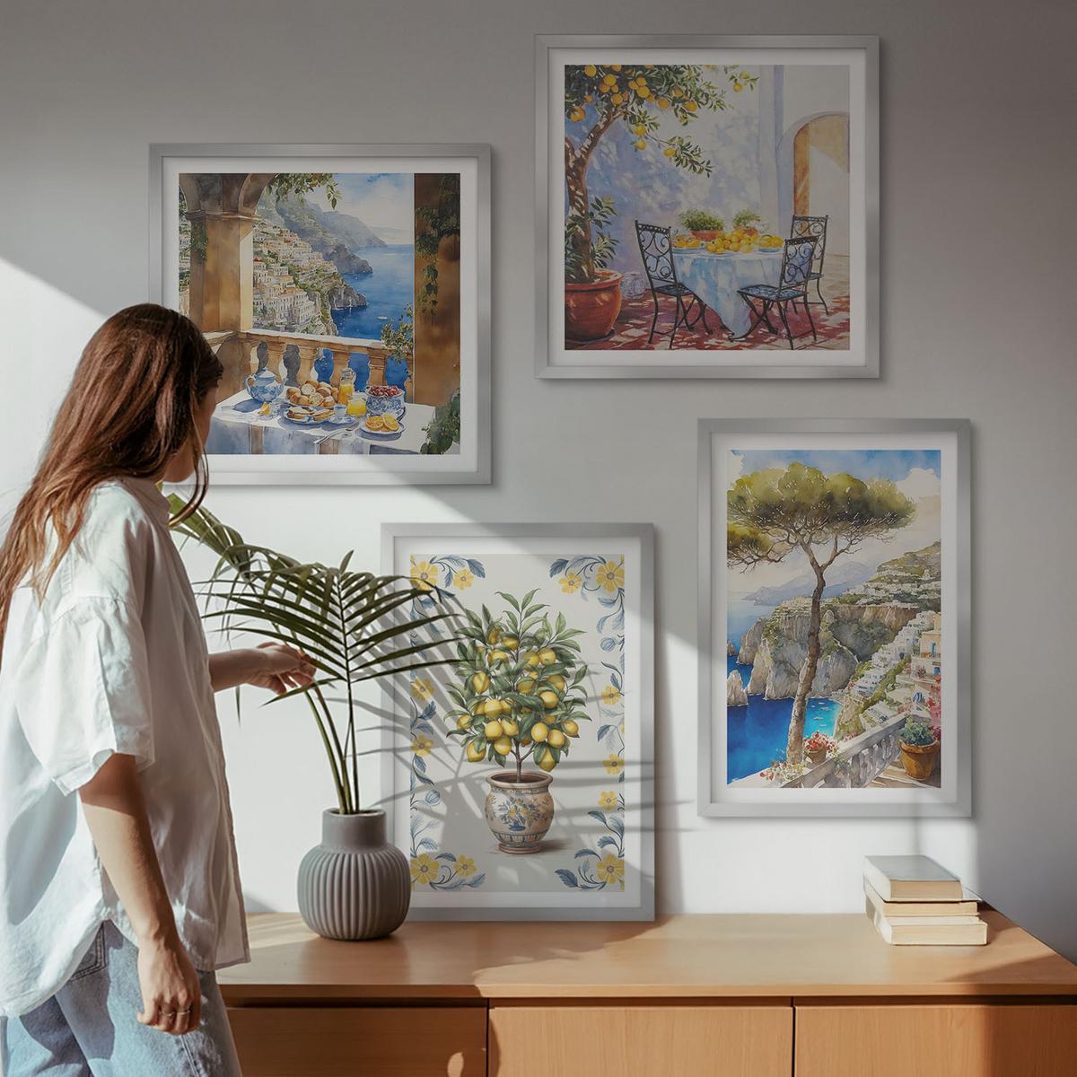 BILDER SET 4er Set - 50x50 cm & 40x60 cm Silberner Rahmen - Gemälde von Zitronenbäumen - Silberfarben, Kunststoff (50/50cm) - TULUP