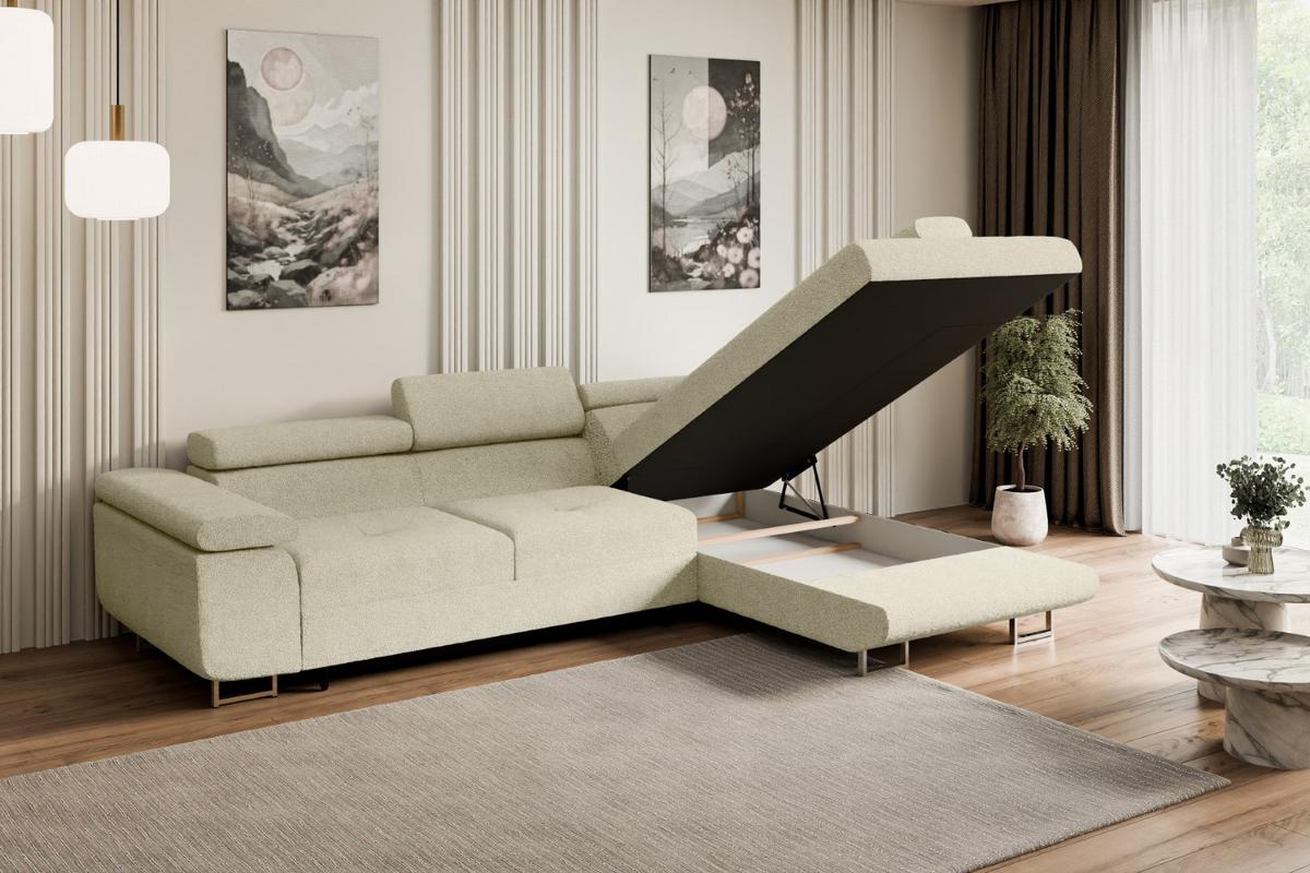 ECKSOFA mit Schlaffunktion und Bettkasten GUSA-L 272x202x107 cm Beige Bouclé - Beige/Silberfarben, Holzwerkstoff/Textil (272/202cm) - ALTDECOR