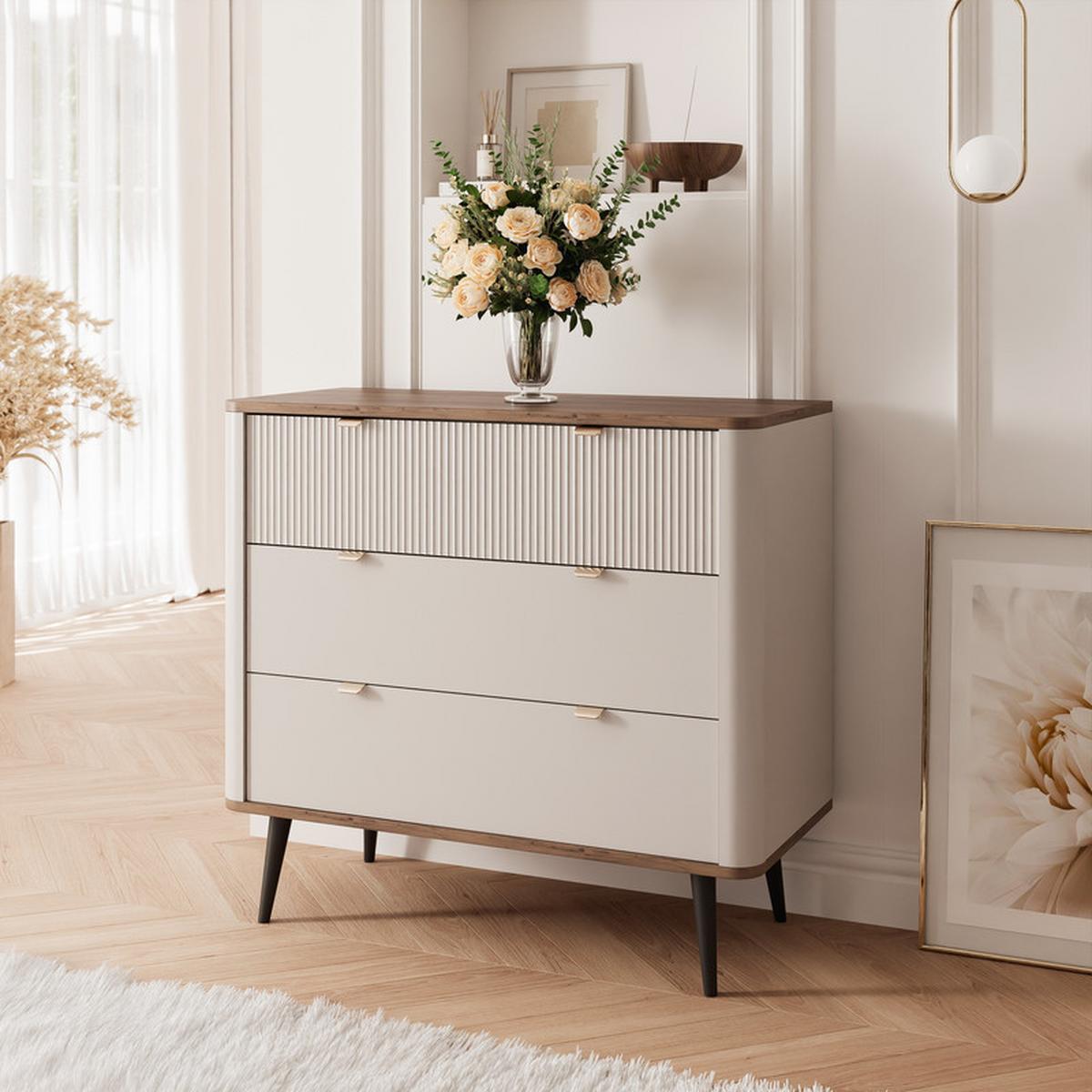 KOMMODE NAVANI 90 cm, 3 Schublade(n) Kaschmir / Nussbaum - Nussbaumfarben/Schwarz, Holzwerkstoff/Metall (90/82/40cm) - Idohome