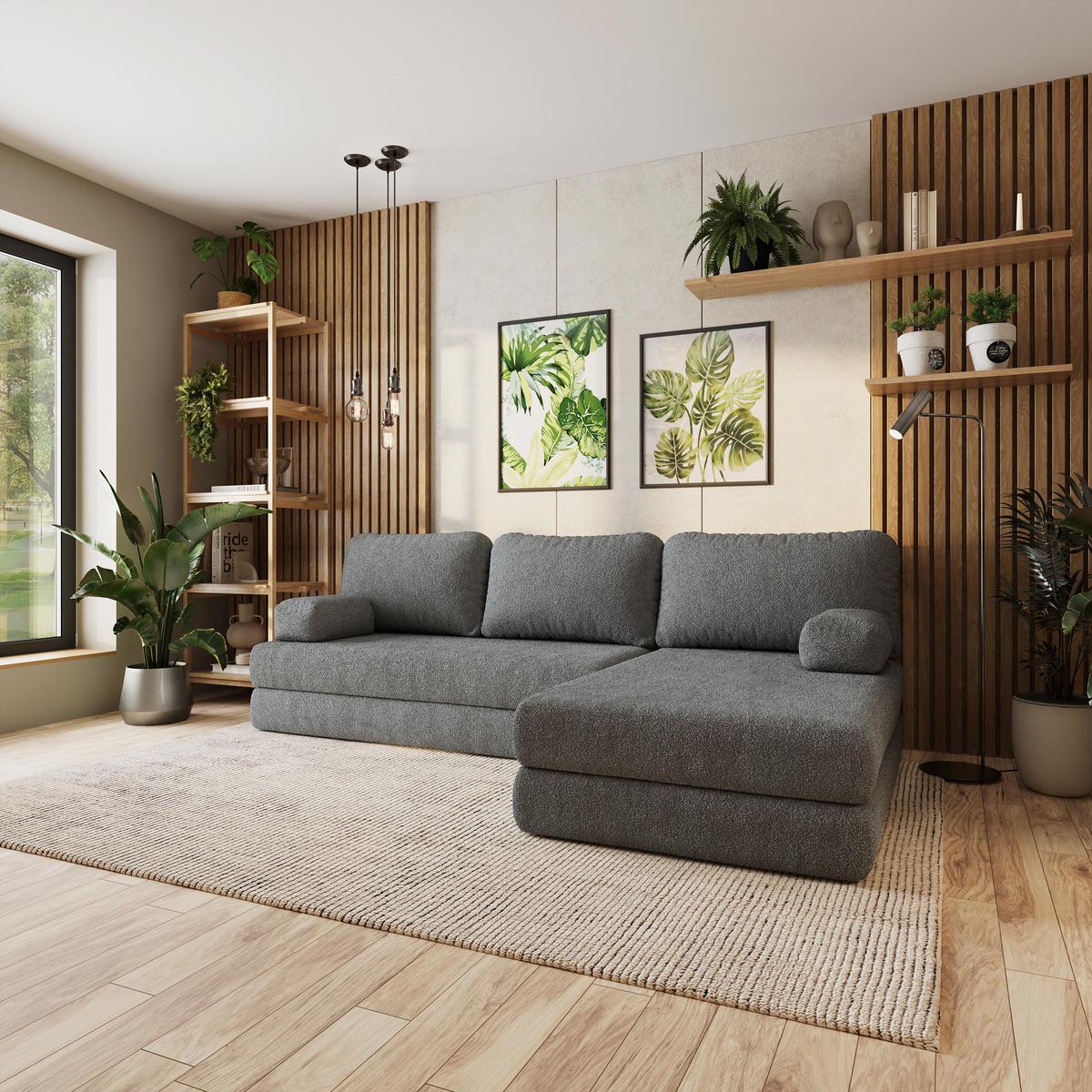 ECKSOFA LEA modulares Boneless Sofa mit Schlaffunktion Grau Boucle-Stoff - Grau, Textil (270/160cm) - MASSENO