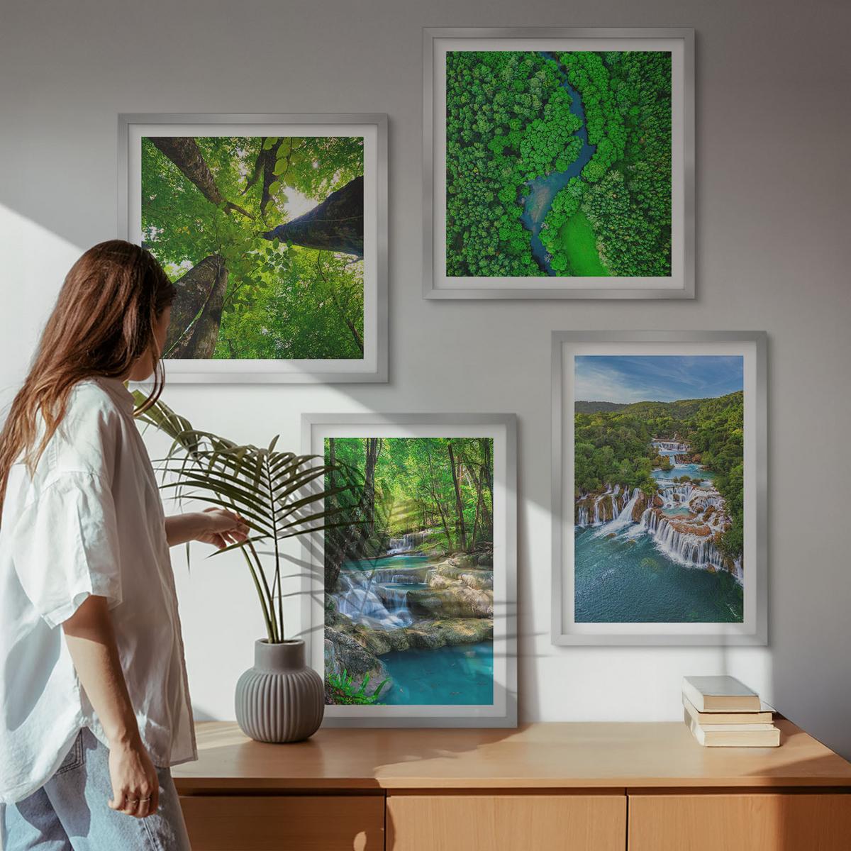 BILDER SET 4er Set - 50x50 cm & 40x60 cm Silberner Rahmen - Wasserfälle grüner Wald Wasser - Silberfarben, Kunststoff (50/50cm) - TULUP