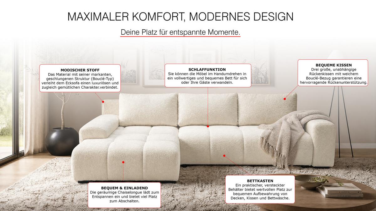 ECKSOFA Ovia mit Bettkasten und Schlaffunktion, Bouclé-Stoff in L-Form - Beige, Textil (270/185cm)