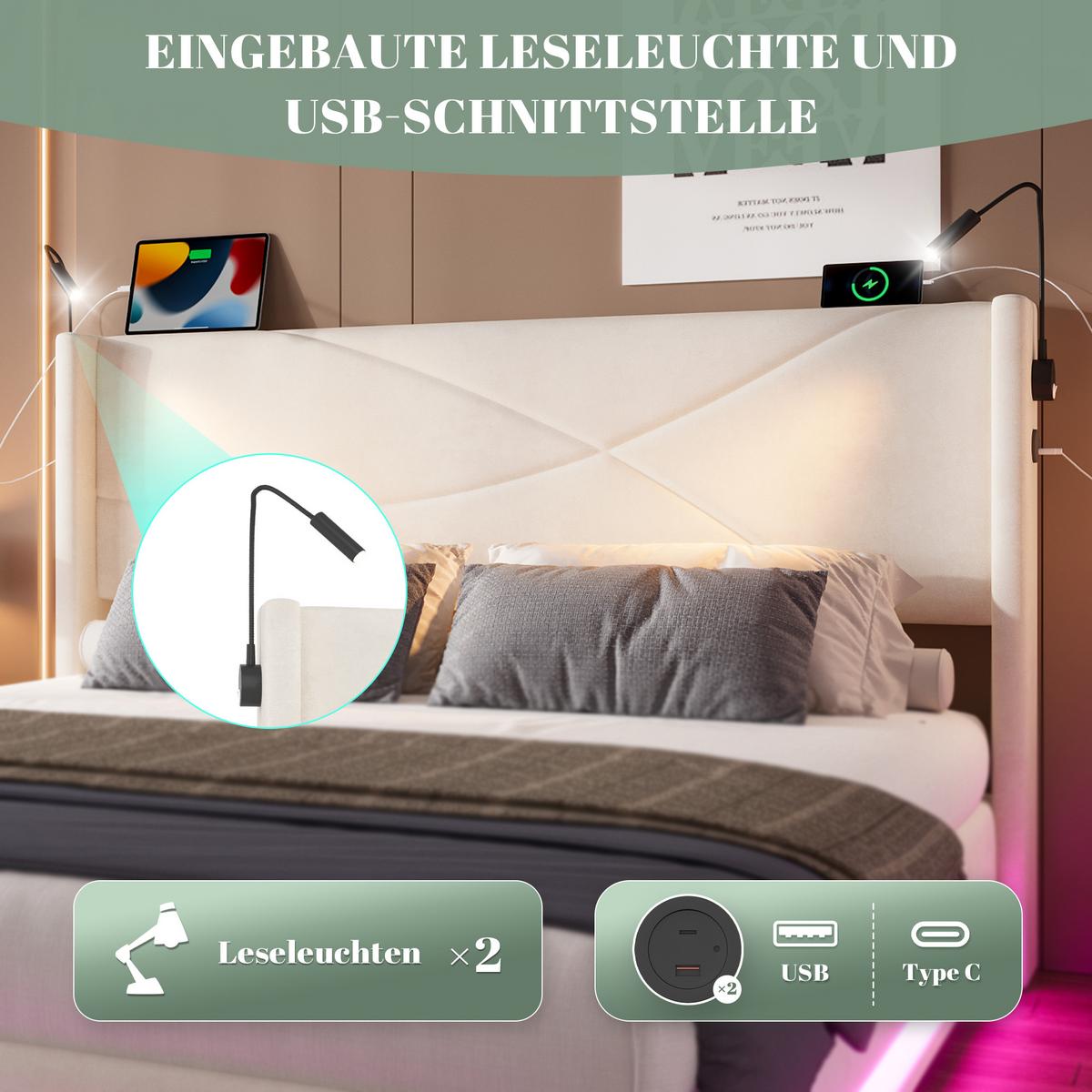 POLSTERBETT Samt Beige 140x200 cm mit LED Beleuchtung & USB-Ladestation - Beige, Textil (140/200cm) - Urban Meuble