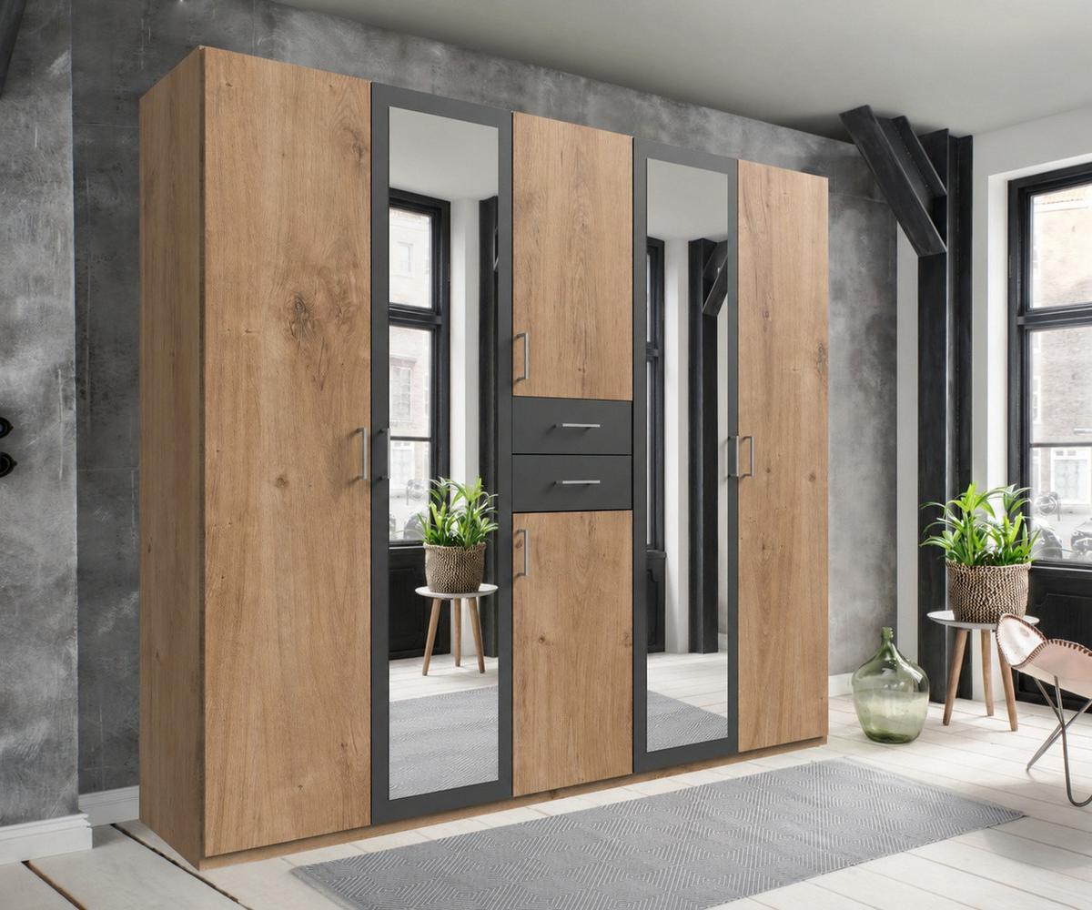 DREHTÜRENSCHRANK B225/H208/T58 cm, Eiche Dekor mit Absetzungen in Grafit, Kleiderschrank mit 2 Spiegeltüren & Schubkästen / 22592 - Eichefarben/Silberfarben, Holzwerkstoff/Kunststoff (225/208/58cm) - luma-home