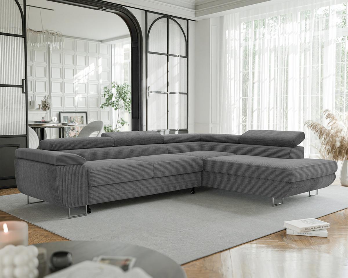 ECKSOFA ANTON rechts, mit Schlaffunktion und Bettkasten Grau - Chromfarben/Grau, Textil/Metall (274/203cm) - Idohome