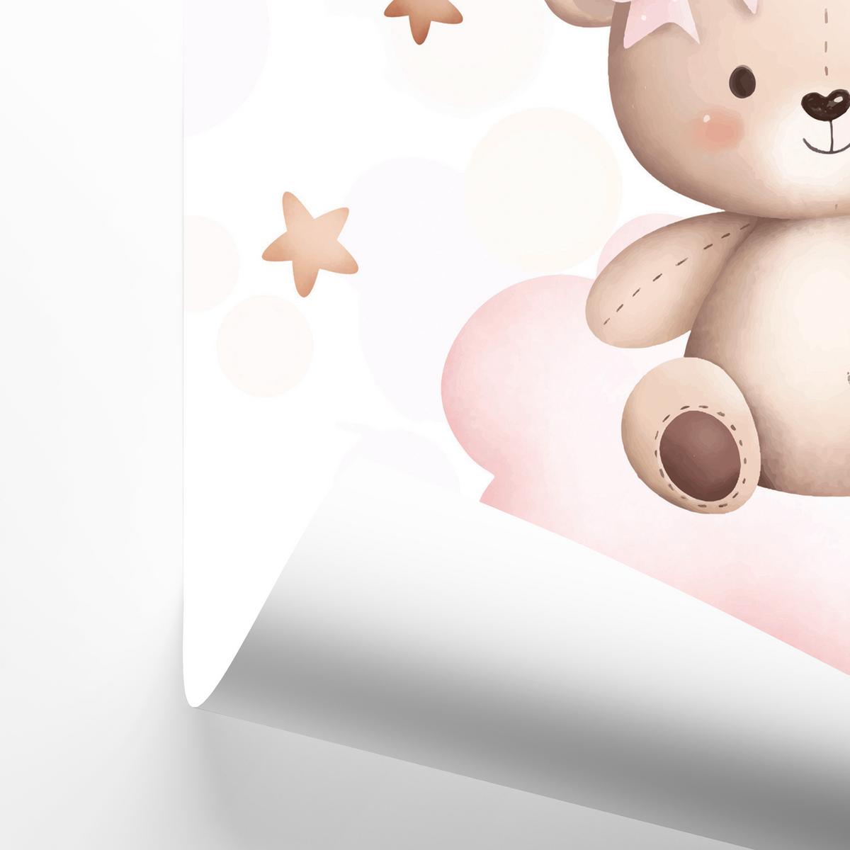 POSTER SET für Kinderzimmer Teddybären Ballons Wolken Sterne 3x Poster A4 21x30cm - Beige/Rosa, Papier (21/30/1cm) - Muralo