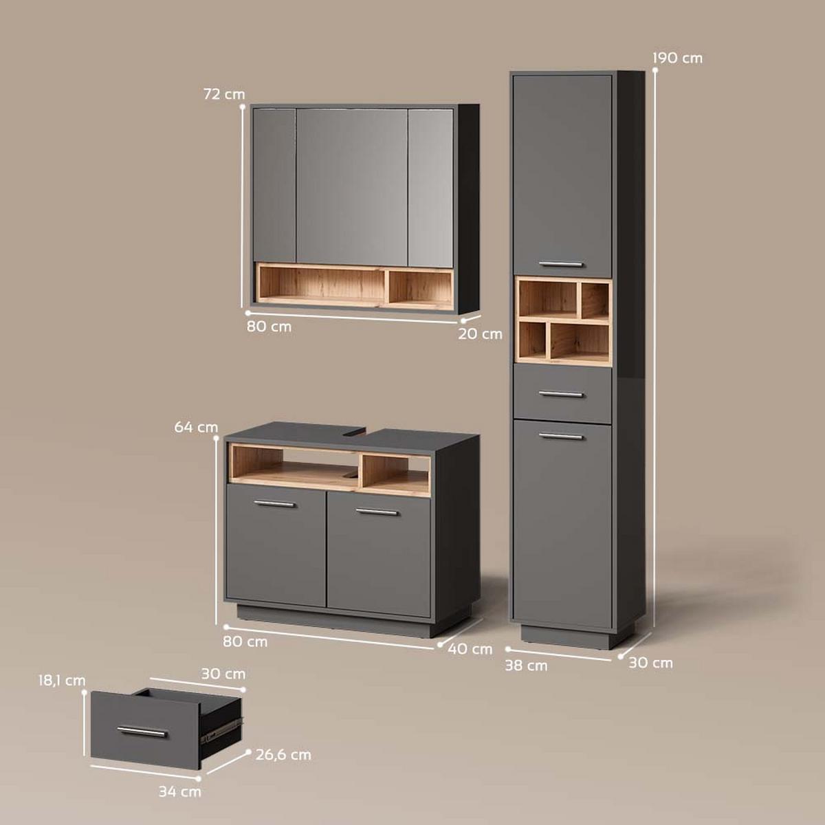 BADMÖBEL-SET Temo Anthrazit 3 Teile, mit Hochschrank - Anthrazit, Holzwerkstoff (80/64/40cm) - Livinity®