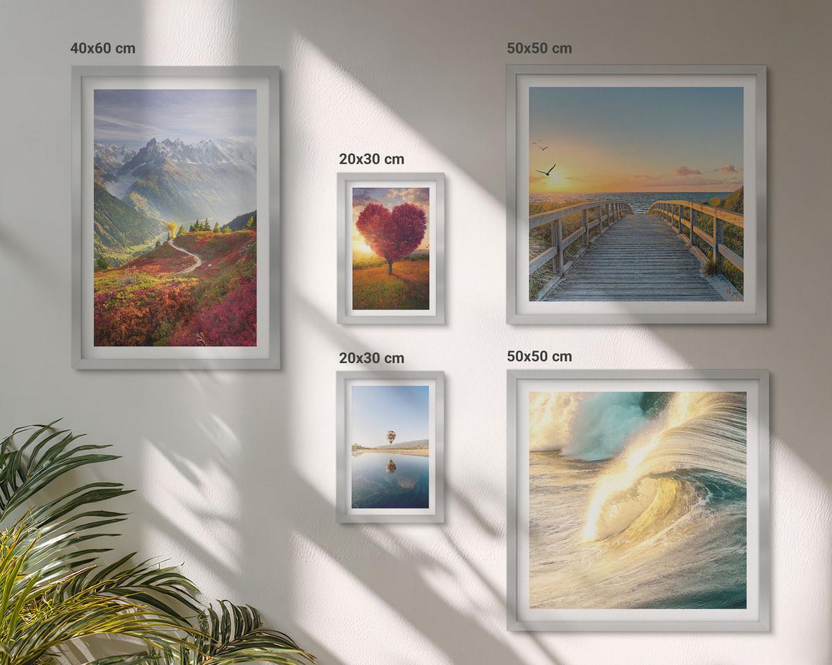 BILDER SET 5er Set - 50x50 cm & 20x30 cm & 40x60 cm Silberner Rahmen - Landschaften Berge Wellen Baum Herz Pier - Silberfarben, Kunststoff (40/60cm) - TULUP