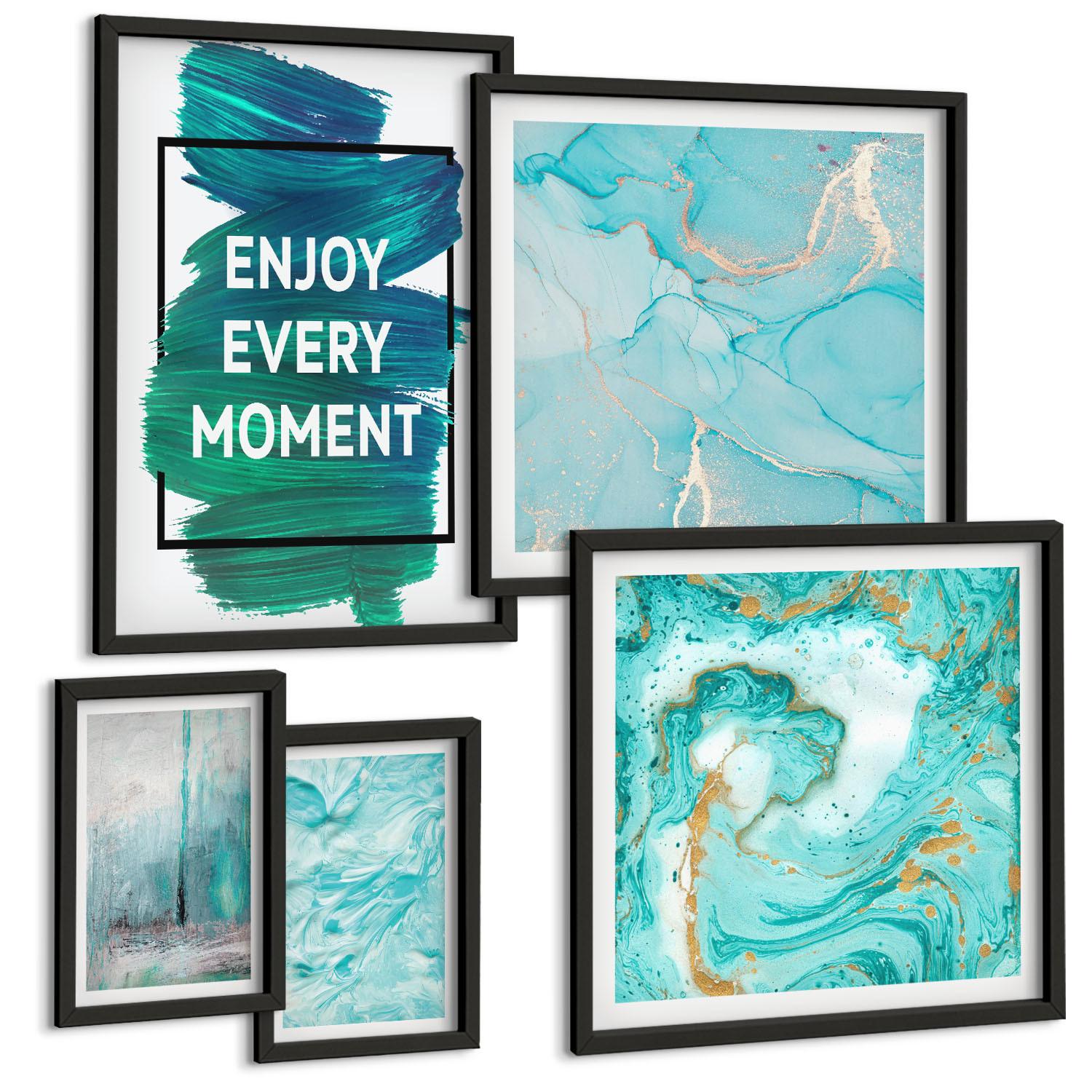 BILDER SET 5er Set - 50x50 cm & 20x30 cm & 40x60 cm Schwarzer Rahmen - Farbenfrohe Abstraktionen, Gesichter, Formen - Schwarz, Kunststoff (40/60cm) - TULUP