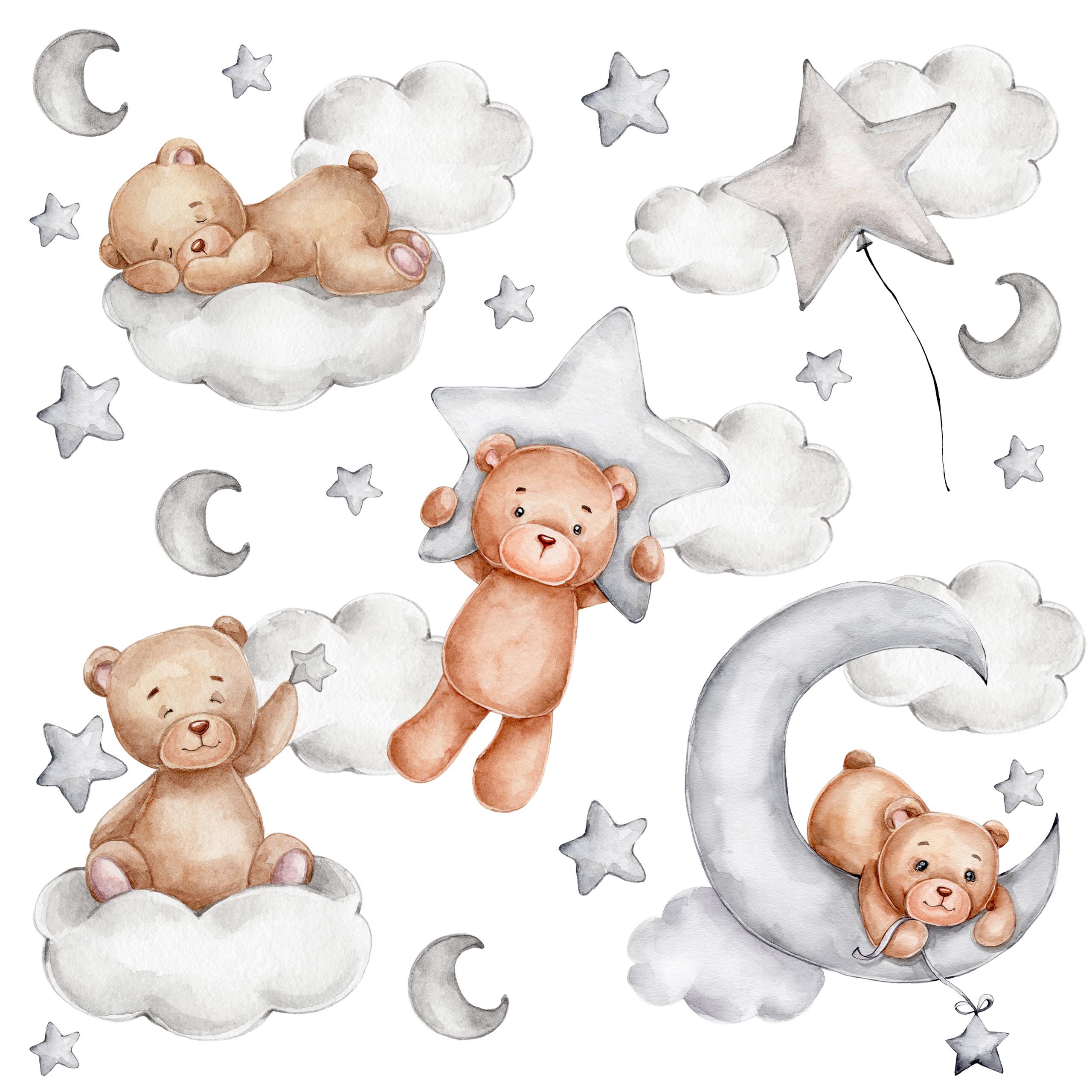 WANDSTICKER SET Teddybären Wolken Sterne Monde 60x30 - Beige/Braun, Papier (60/30/1cm) - Muralo