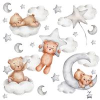 WANDSTICKER SET Teddybären Wolken Sterne Monde 60x30 - Beige/Braun, Papier (60/30/1cm) - Muralo
