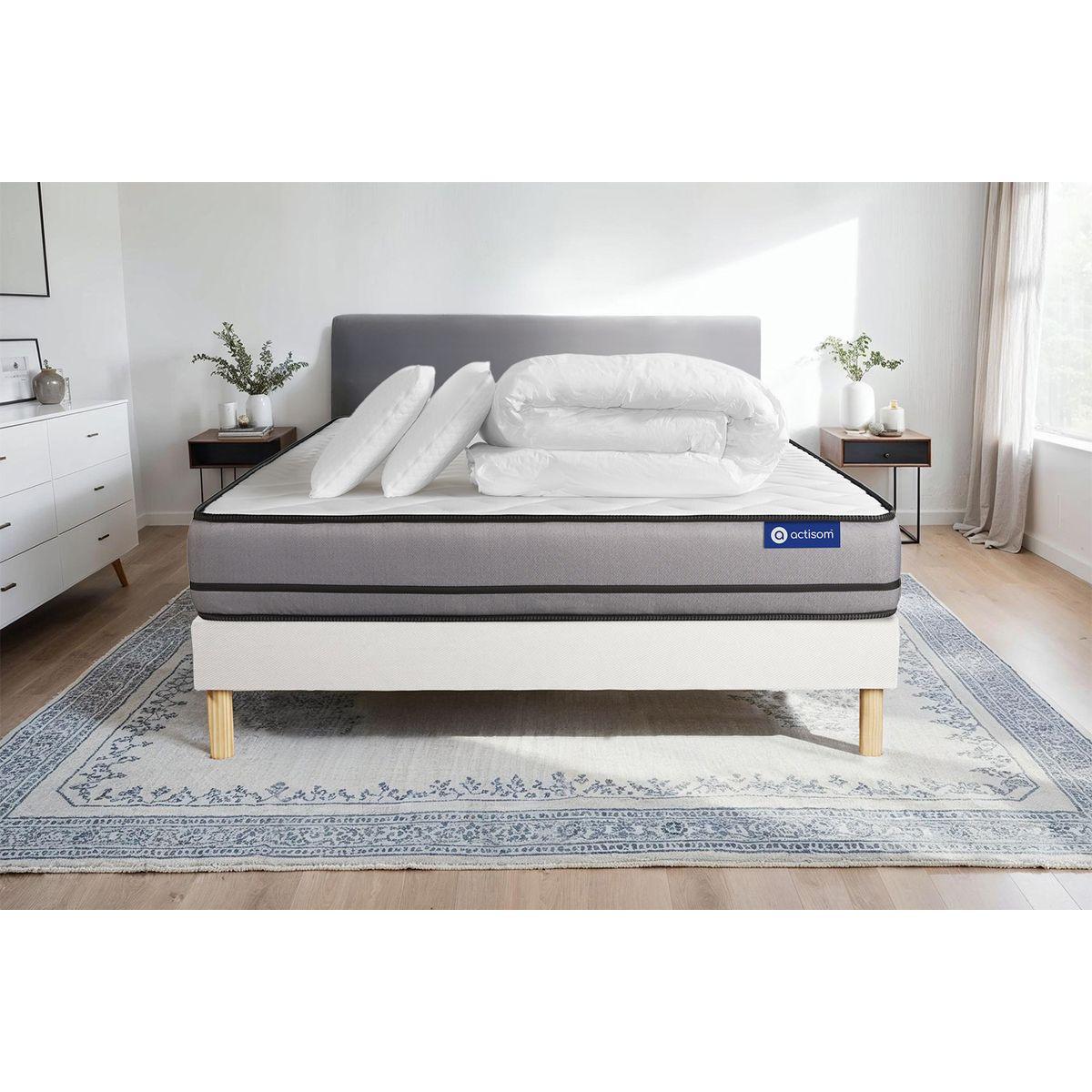 BETT Actilatex night Latex und Memory-Schaum 140 x 200 cm h4 - Kit Bettgestell Weiß - Mit Kissen und Bettdecke - Beige/Weiß, Karton/Holz (140/200cm) - ACTISOM