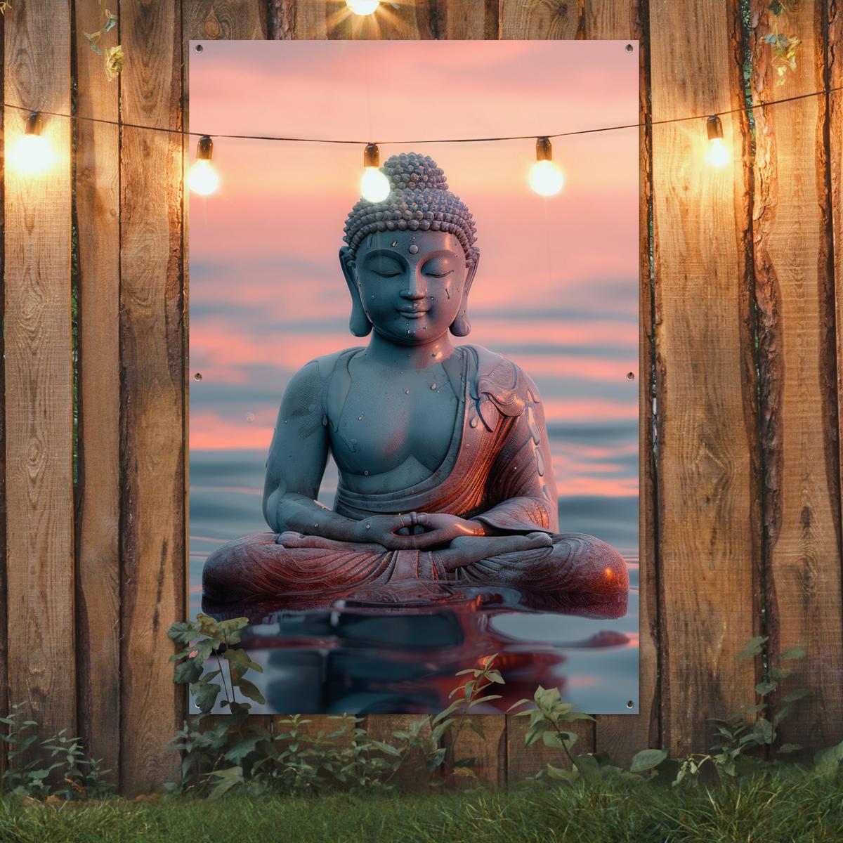 GARTENPOSTER Buddha - Statue - Buddha - Wasser - Kunst - Buddha Bild 120x180 cm - Blaugrau, Kunststoff (120/180/0.2cm) - OnlyWow