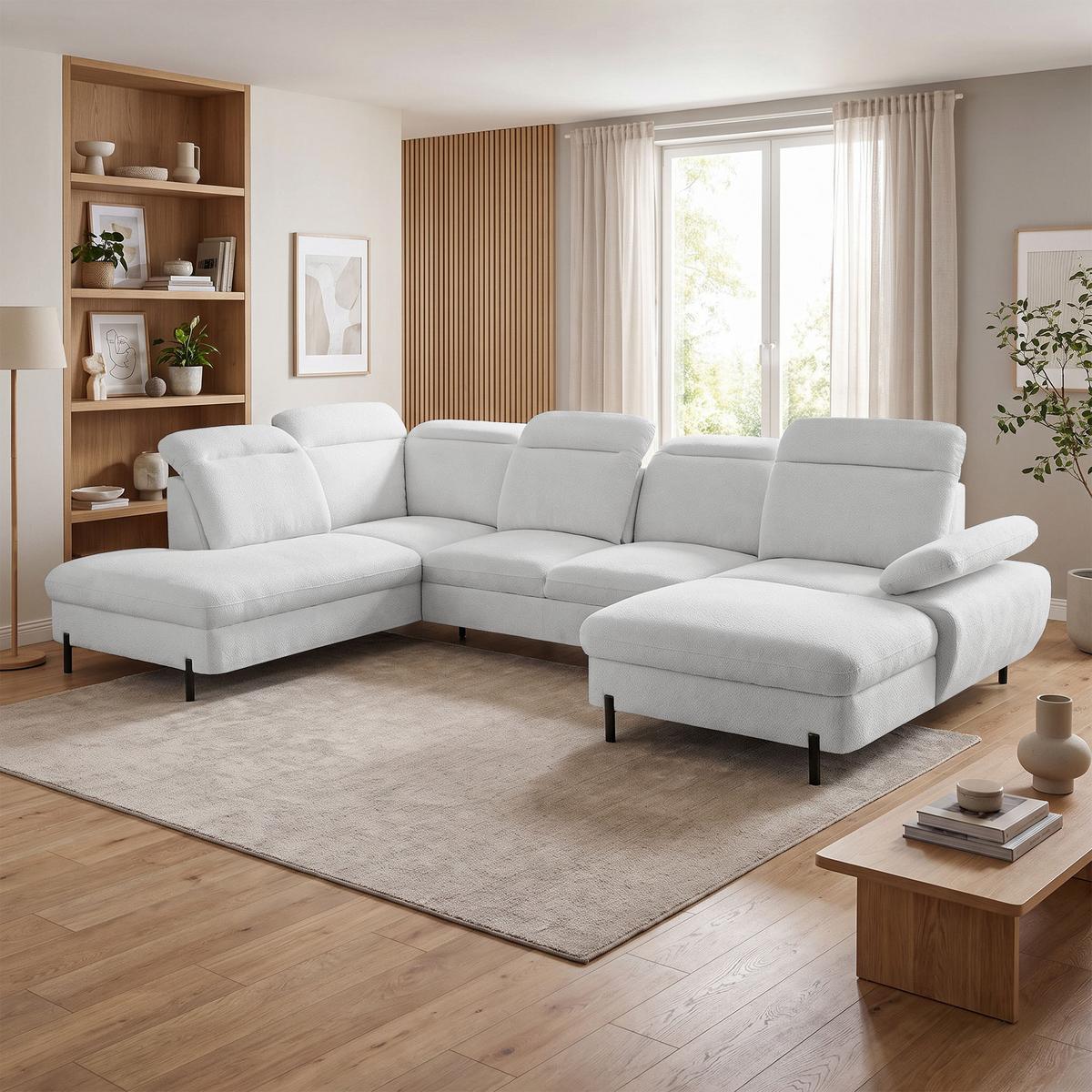 WOHNLANDSCHAFT Sora U mit Schlaffunktion und verstellbarer Sitztiefe, Kopfstützen und Armlehne, 365 cm, Hellgrau, Rechts - Hellgrau/Schwarz, Textil (365/107/235cm) - Beautysofa