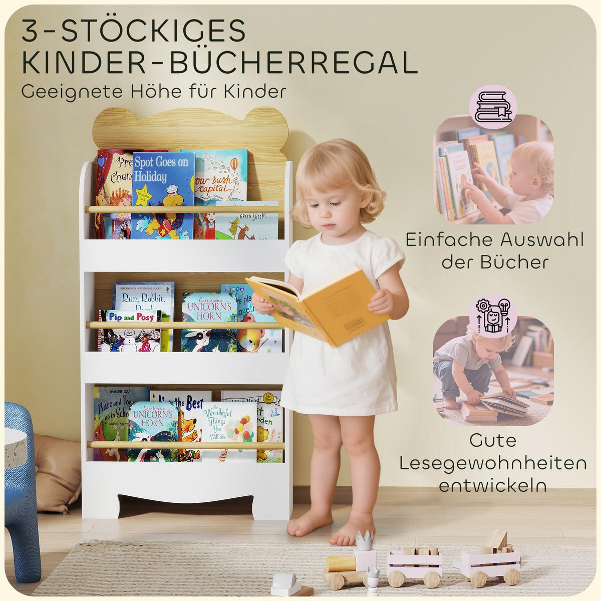BÜCHERREGAL für Kinder Kinderregal mit 3 Ablagen Aufbewahrungsregal aus Holz - Braun, Holzwerkstoff (15/110/55cm) - AIYAPLAY