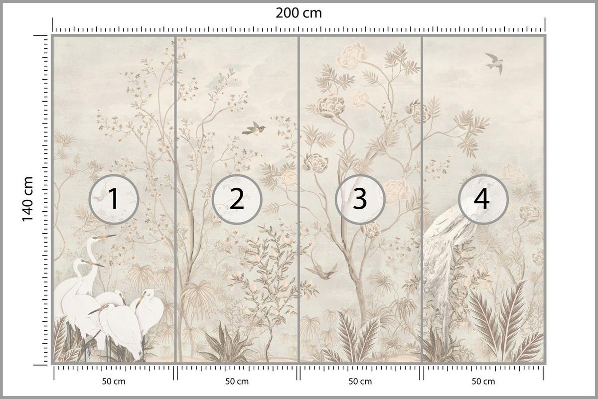 FOTOTAPETE für Esszimmer Weiße Vögel Bäumen Natur Kräne Blumen 200x140 - Beige, Papier (200/140cm) - Muralo