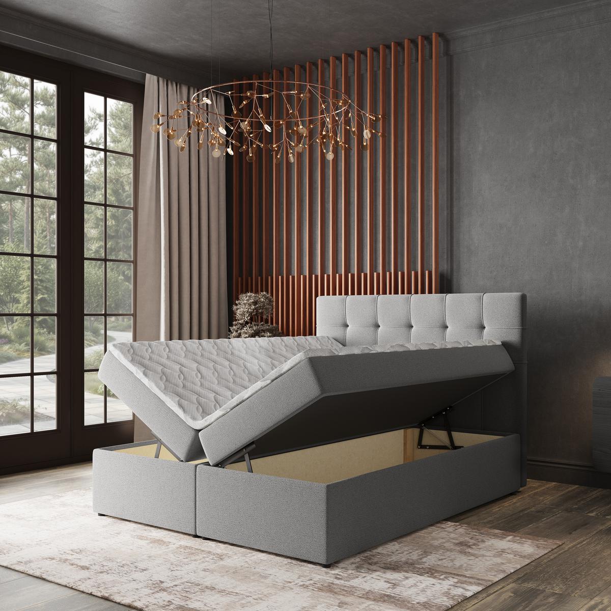 BOXBETT PALMA 180x200 cm mit Matratze und Topper, H2+H3 - Grau - Grau, Holz (180/200cm) - MASSENO
