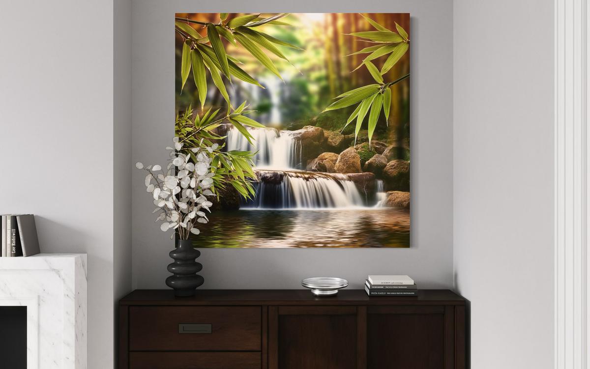 WANDBILD wasserfall zen steine - Grün, Textil (40/40cm) - Feeby