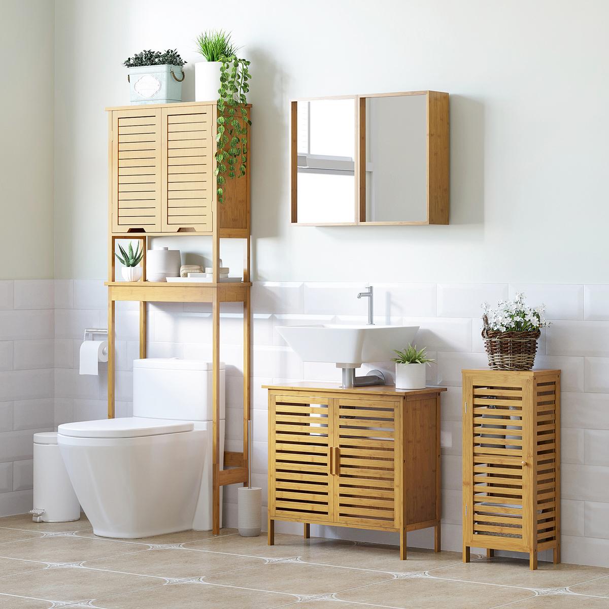 BADSCHRANK Badezimmerschrank, Bad Beistellschrank mit Lamellentür, 2 Fächern - Naturfarben, Holz (19.9/70/30cm) - Kleankin