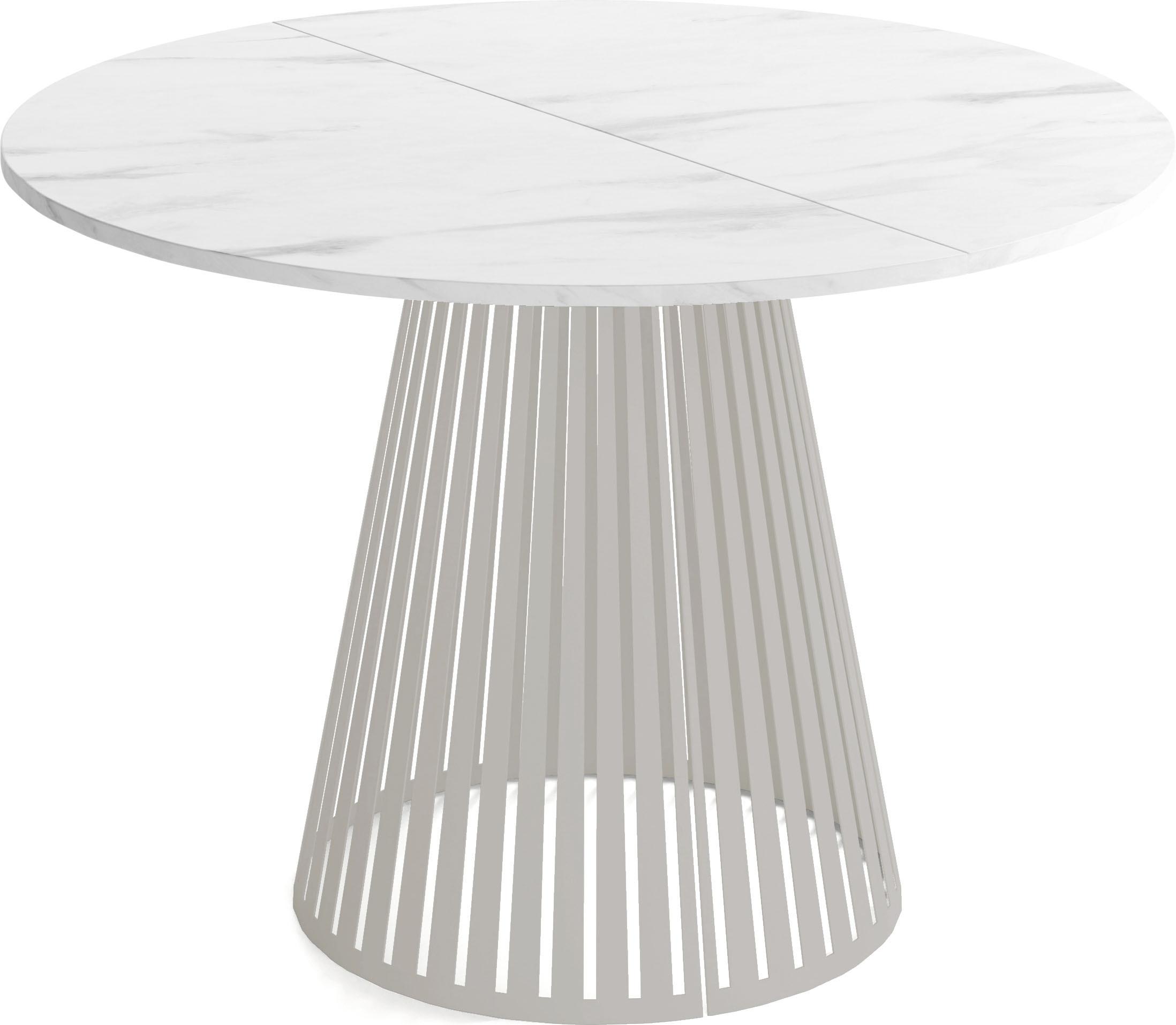 ESSTISCH Naro rund ausziehbar mit Lamellen-Metallgestell in Grau-Beige, Marmor Weiß 120-200/120/76 cm - Ecru/Kaschmir, Holzwerkstoff/Metall (120/196/76cm) - WFL GROUP
