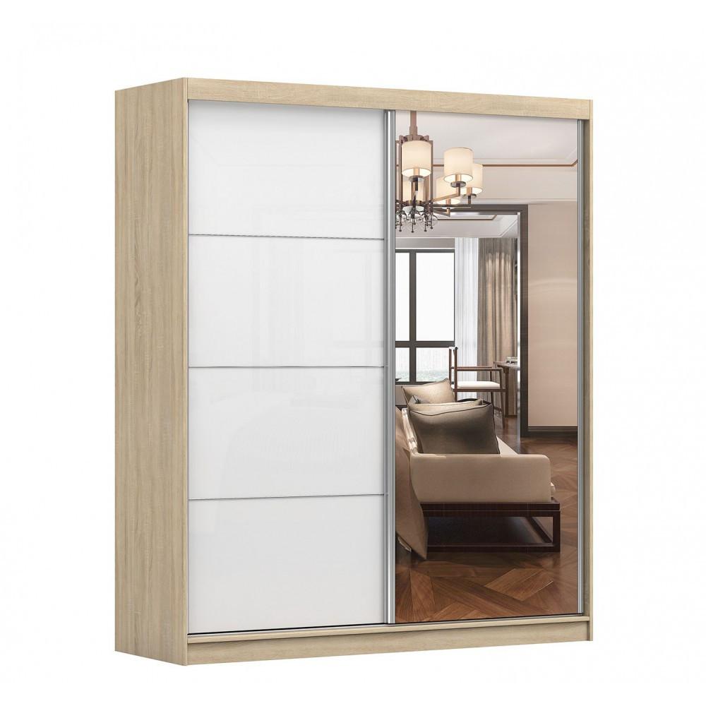 SCHWEBETÜRENSCHRANK Multi 35 Sonoma Eiche, Weiß Semigloss + Spiegel 183 cm - Alufarben/Weiß, Glas/Holzwerkstoff (183/218/61cm) - imoebel24