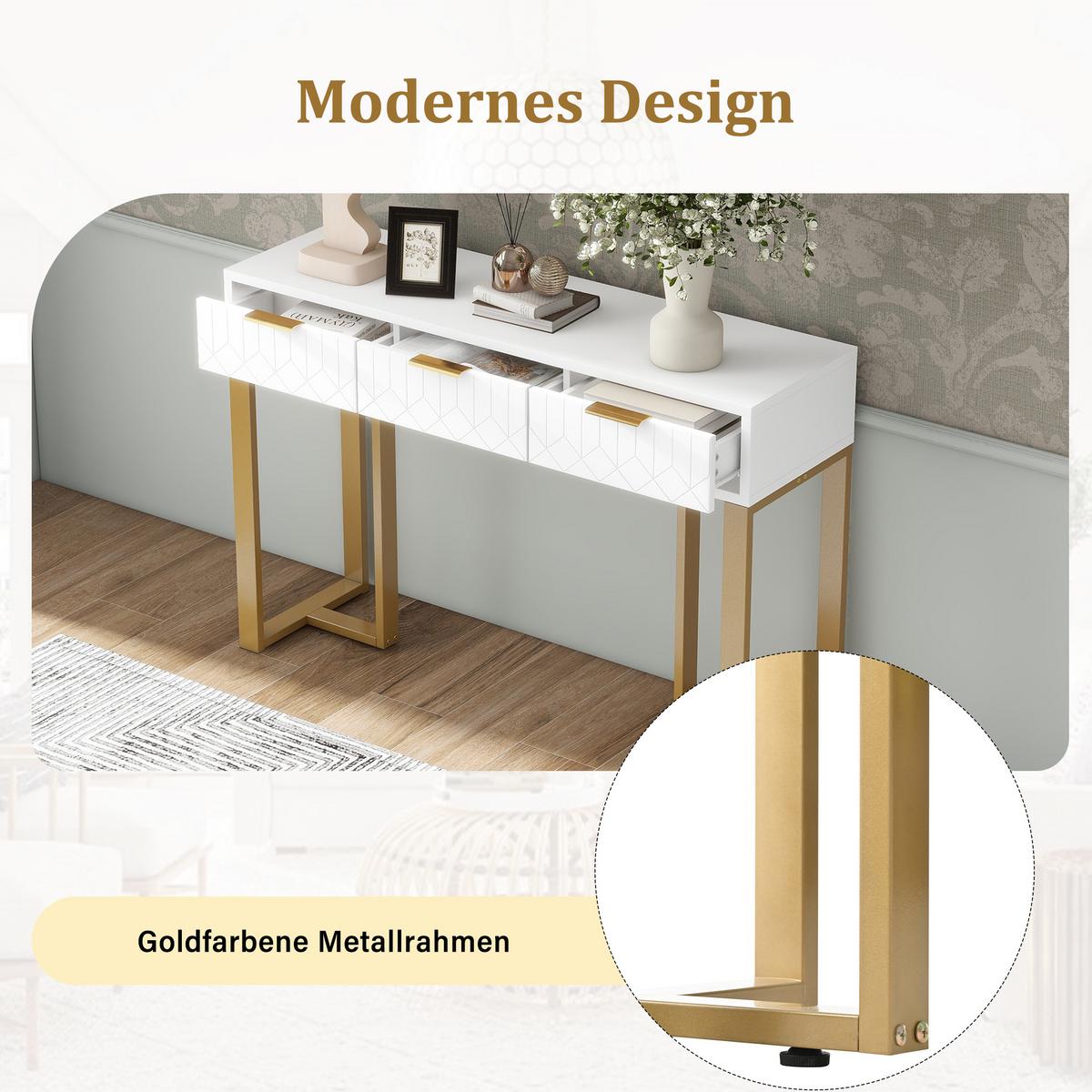 KONSOLENTISCH in weiß mit goldfarbenem metallgestell, 3 schubladen - Weiß, Holzwerkstoff (36/120/80cm) - Urban Meuble