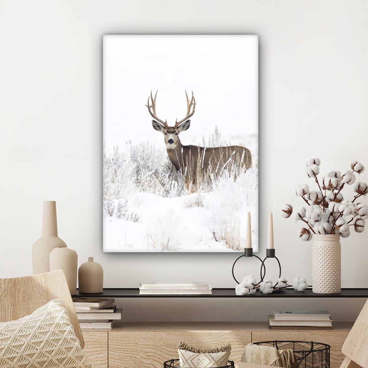 LEINWANDBILD Hirsche - Winter - Schnee - Tiere - Jahreszeiten - Weiß Wandbild Wohnzimmer 60x80 cm - Hellbraun, Textil (60/80cm) - MuchoWow