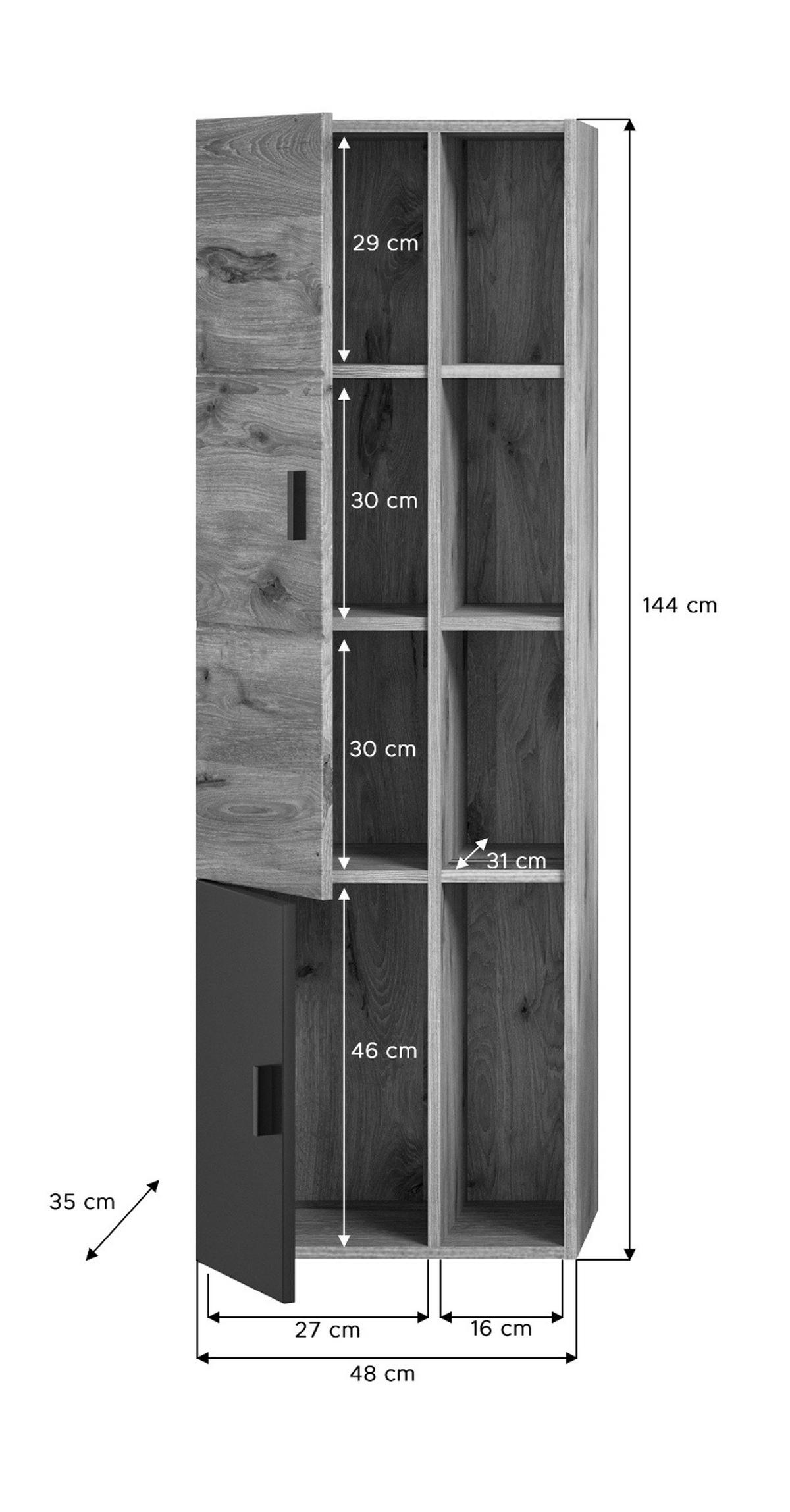MIDISCHRANK Eiche, grau matt 48 x 144 cm, Bad Hängeschrank mit Soft-Close - Eichefarben/Grau, Holzwerkstoff/Kunststoff (48/144/35cm) - Inn.Furn