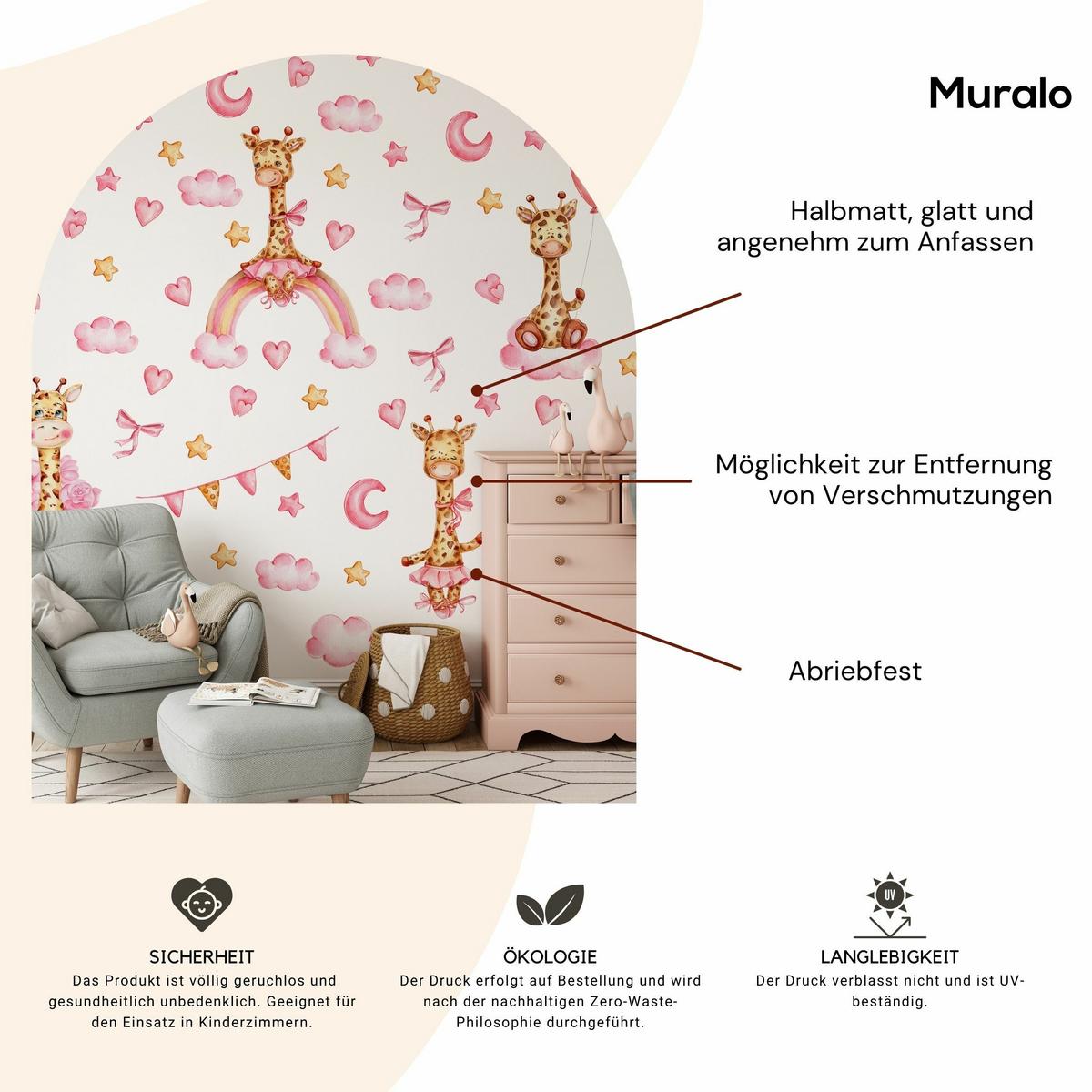 STICKER SET für Kinder Giraffen rosa Wolken Monde Sterne 120x60 - Gelb/Beige, Papier (120/60/1cm) - Muralo
