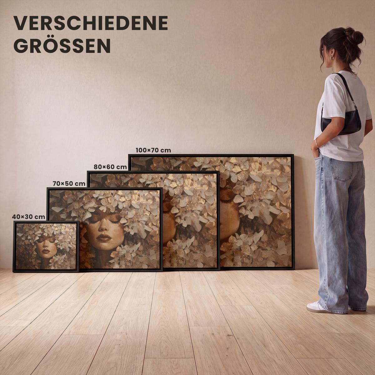LEINWAND Bilder mit Rahmen - Gesicht - Dame - Blätter - Pinselstriche - 70x50 - Goldfarben, Textil (70/50cm) - MuchoWow