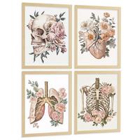 POSTER Set aus 4 Anatomie Mensch Florale Drucke und mit Schädel Herz Lungen und Skelett Botanische Aquarell dekoration Größe Leichter Holzrahmen A3 - Beige, Papier (29.7/42/3cm) - Nacnic