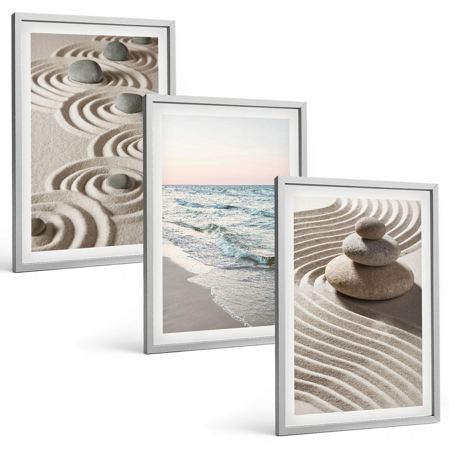 BILDER SET 3er Set - 40x60 cm Silberner Rahmen - Wellen, Sand, Wasser, Steine, Strand - Silberfarben, Kunststoff (40/60cm) - TULUP