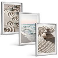 BILDER SET 3er Set - 40x60 cm Silberner Rahmen - Wellen, Sand, Wasser, Steine, Strand - Silberfarben, Kunststoff (40/60cm) - TULUP