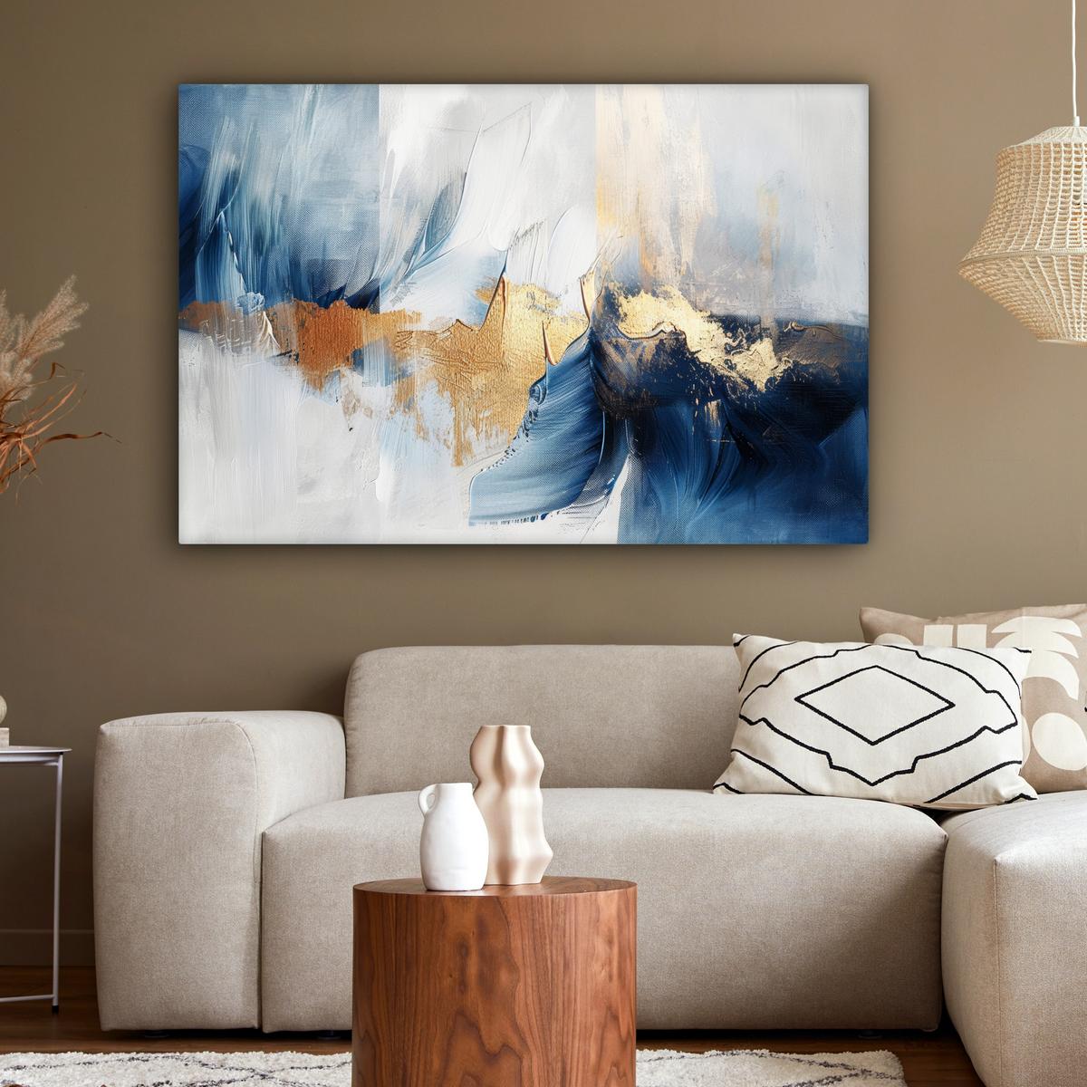 LEINWANDBILD Gold - Blau - Aquarell - Kunst - Modern Wohnzimmer Groß 120x80 cm - Hellblau, Textil (120/80cm) - MuchoWow