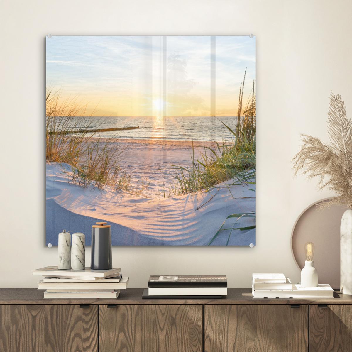 ACRYLGLASBILD Strand - Sonne - Düne - Gras - Sand - Horizont 50x50 cm - Hellblau, Glas (50/50cm) - MuchoWow