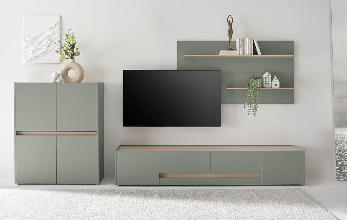 HIGHBOARD in Salbei Grün mit Eiche, 4-türige Kommode mit 8 Fächern, 100 x 120 cm - Salbeigrün/Eichefarben, Holz/Holzwerkstoff (100/120/40cm) - Furn.Design