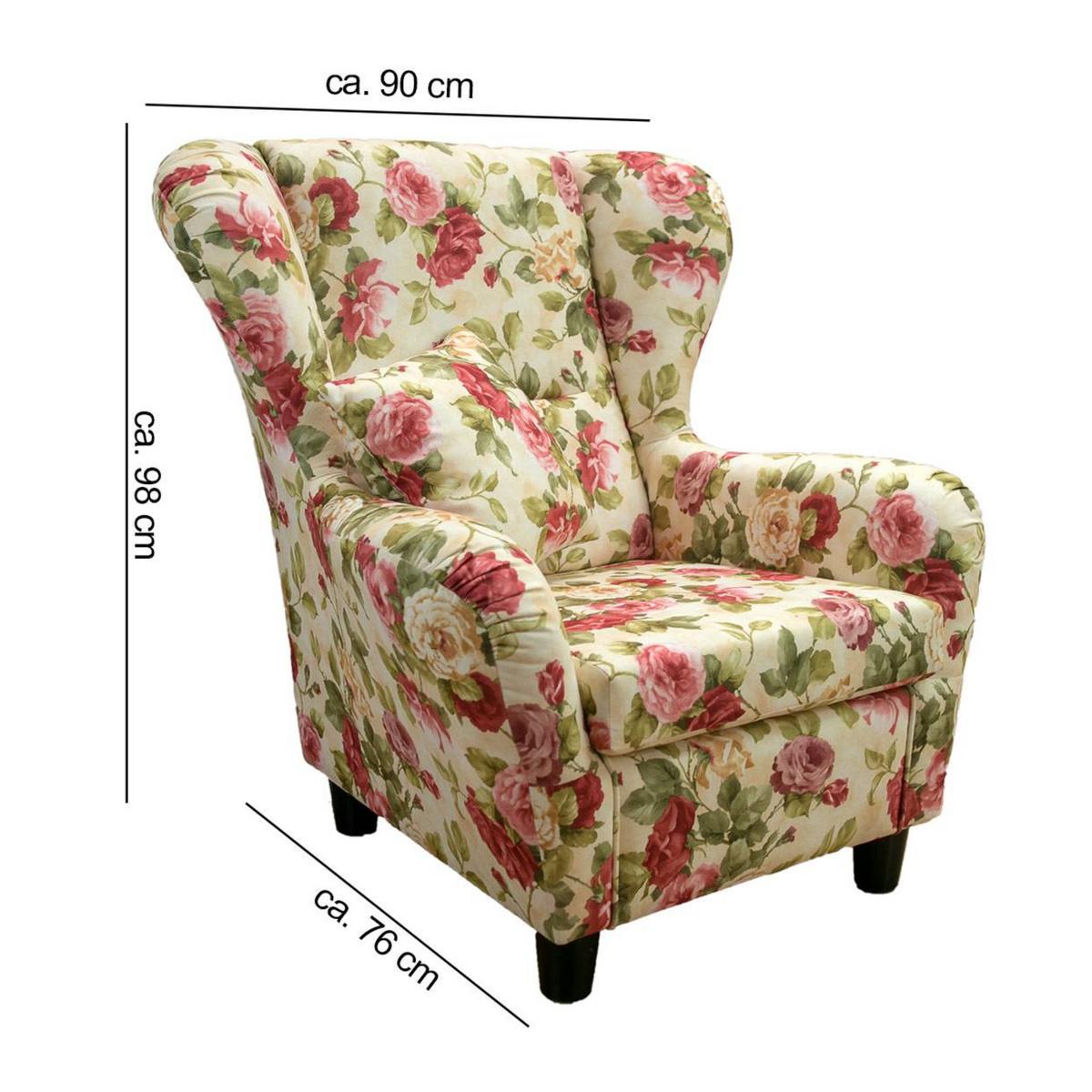 OHRENSESSEL mit HOCKER, hoher Sitzkomfort durch Wellenunterfederung B90/H98/T76 cm, Webstoff Blumenmuster bunt / 18004 - Multicolor/Schwarz, Holz/Textil (90/98/76cm) - luma-home