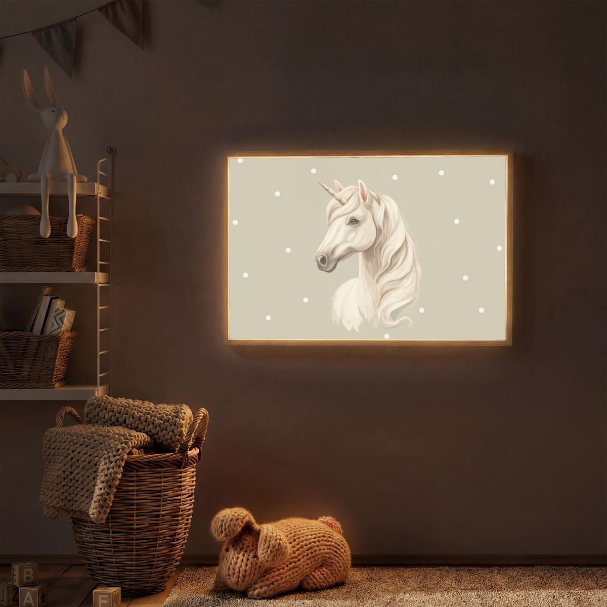 WANDLEUCHTE MIT AKKU Einhorn - Weiß - Punkte 100x70 cm - Taupe, Holzwerkstoff (100/70/8cm) - OnlyWow