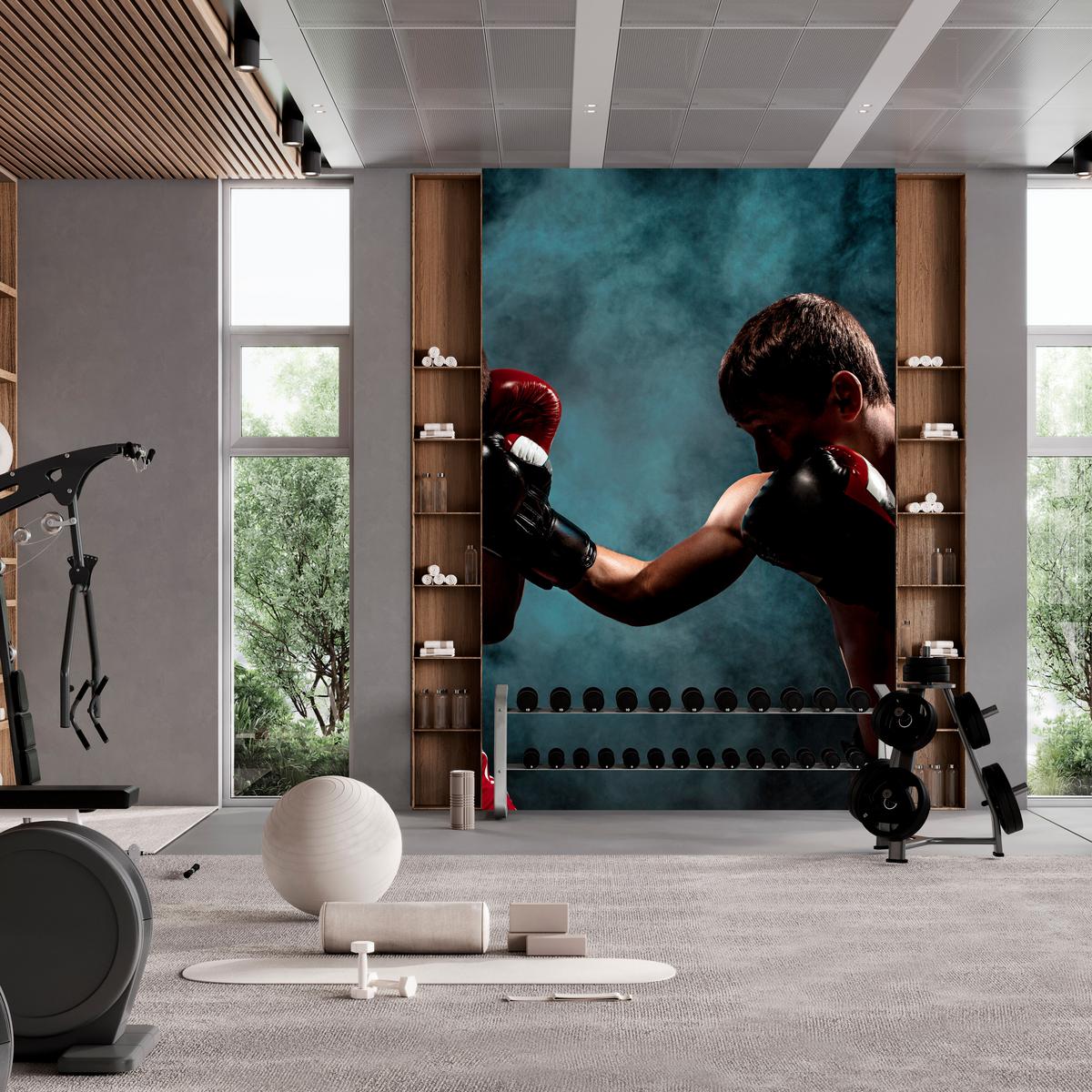 FOTOTAPETE für Jugendzimmer Boxer Männer Training Kampf Rauch 100x70 - Beige/Rot, Papier (100/70cm) - Muralo
